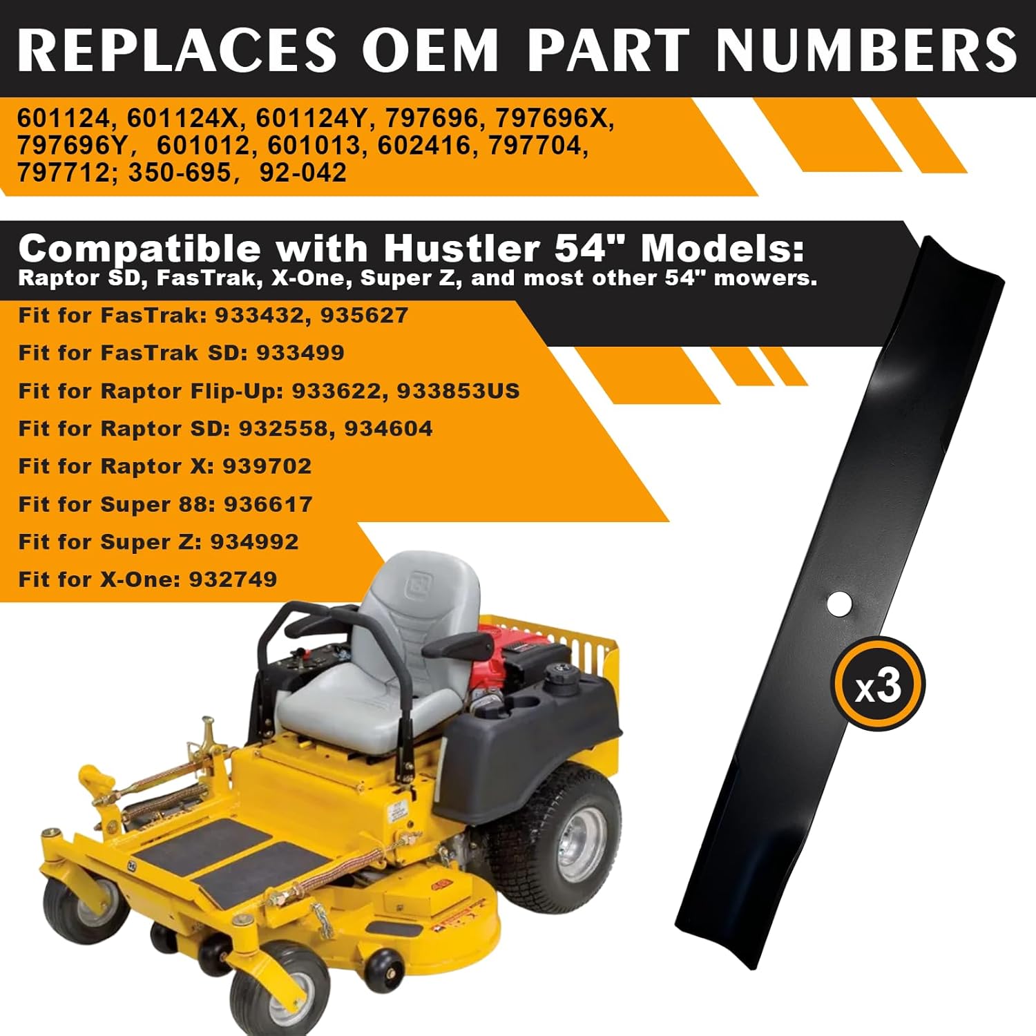 601124 High Lift Blades Compatible with Hustler 54" Deck Raptor SD, Fastrak, Super Z Series Lawn Mower, Replaces 601013 602416 797696 797712 92-208, 3 Pack