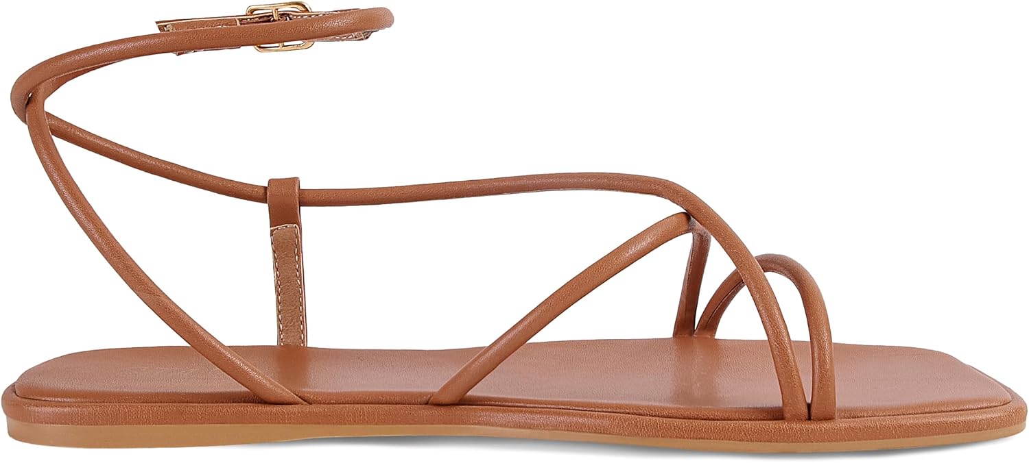 STALOV Strappy Flat Sandals for Women Square Open Toe Leather Ankle Strap Flats Sandals Comfortable Beach Summer Shoes