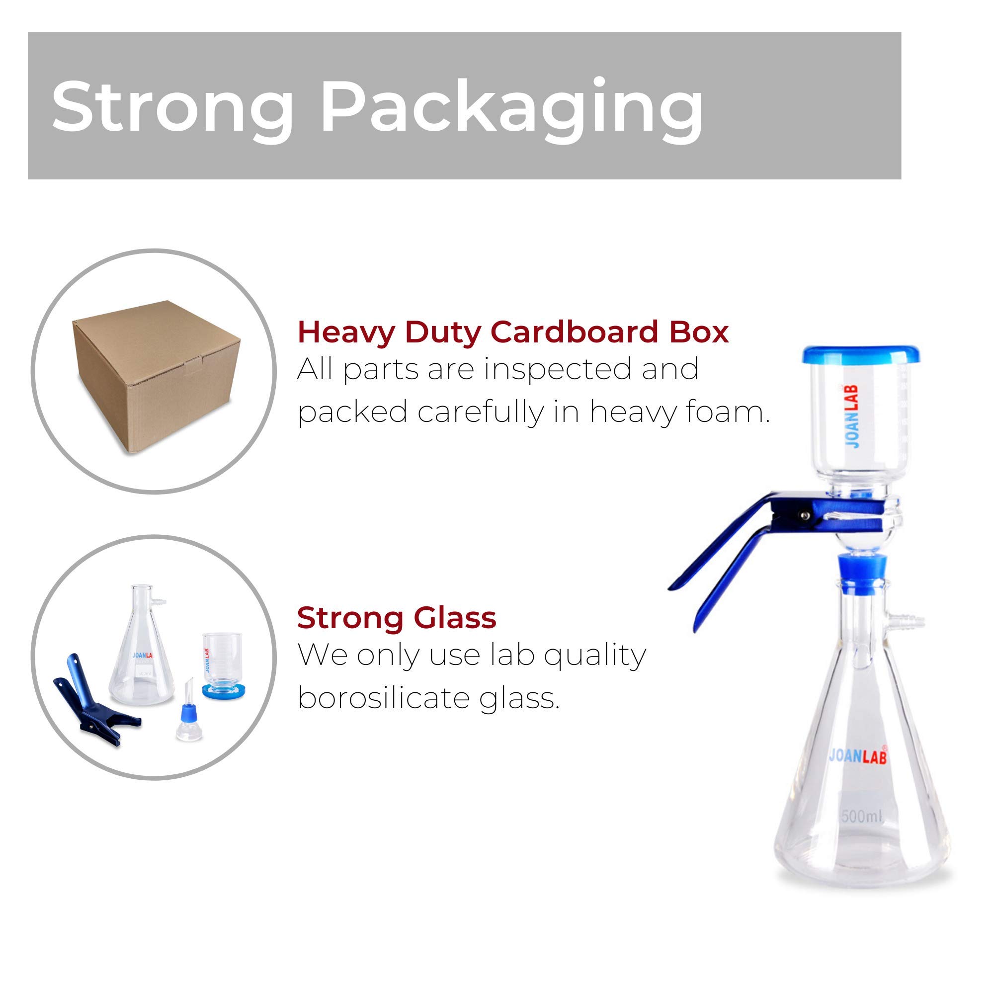Flacone filtrante da laboratorio con imbuto graduato in vetro borosilicato con morsetto in alluminio resistente, dispositivo di aspirazione per laboratorio