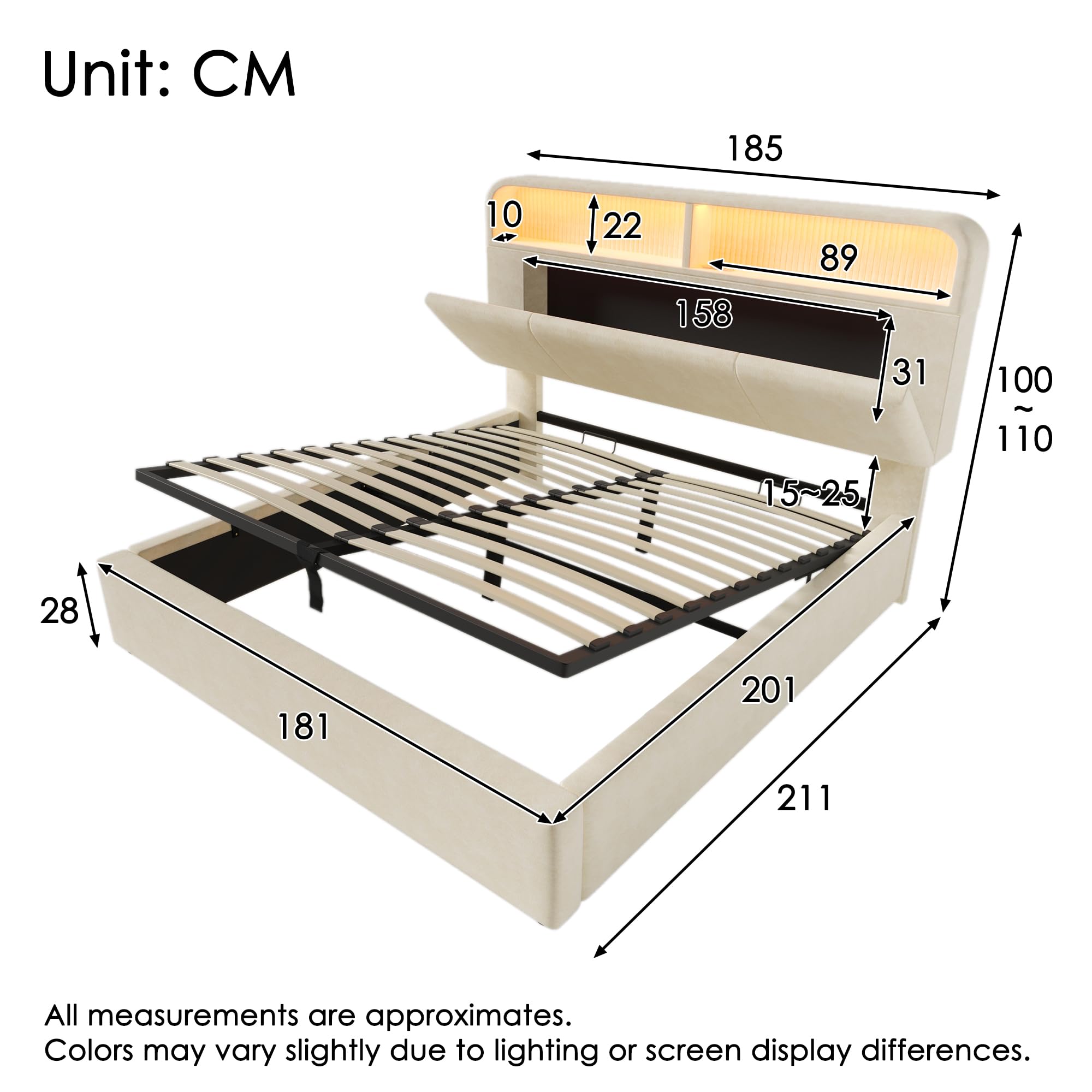 DEKKETO Doppelbett 180x200, Boxspringbett und Lattenrost mit Stauraum, kopfteil mit 3 USB und 1 Typ C-Port, Polsterbett mit LED-Beleuchtung, Samt Bett Beige, ohne Matratze