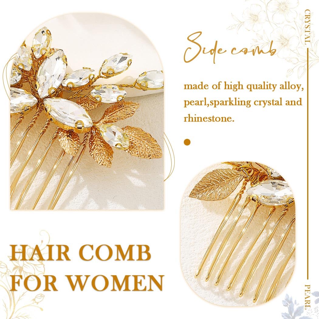 Handcess Bridal Hair Comb Gold Crystal Hair Pins Leaf Hairpieces Rhinestone Bridal Hair Side Combs Wedding Hair Accessories Set for Women and Girls (Pack of 3) - Image 3