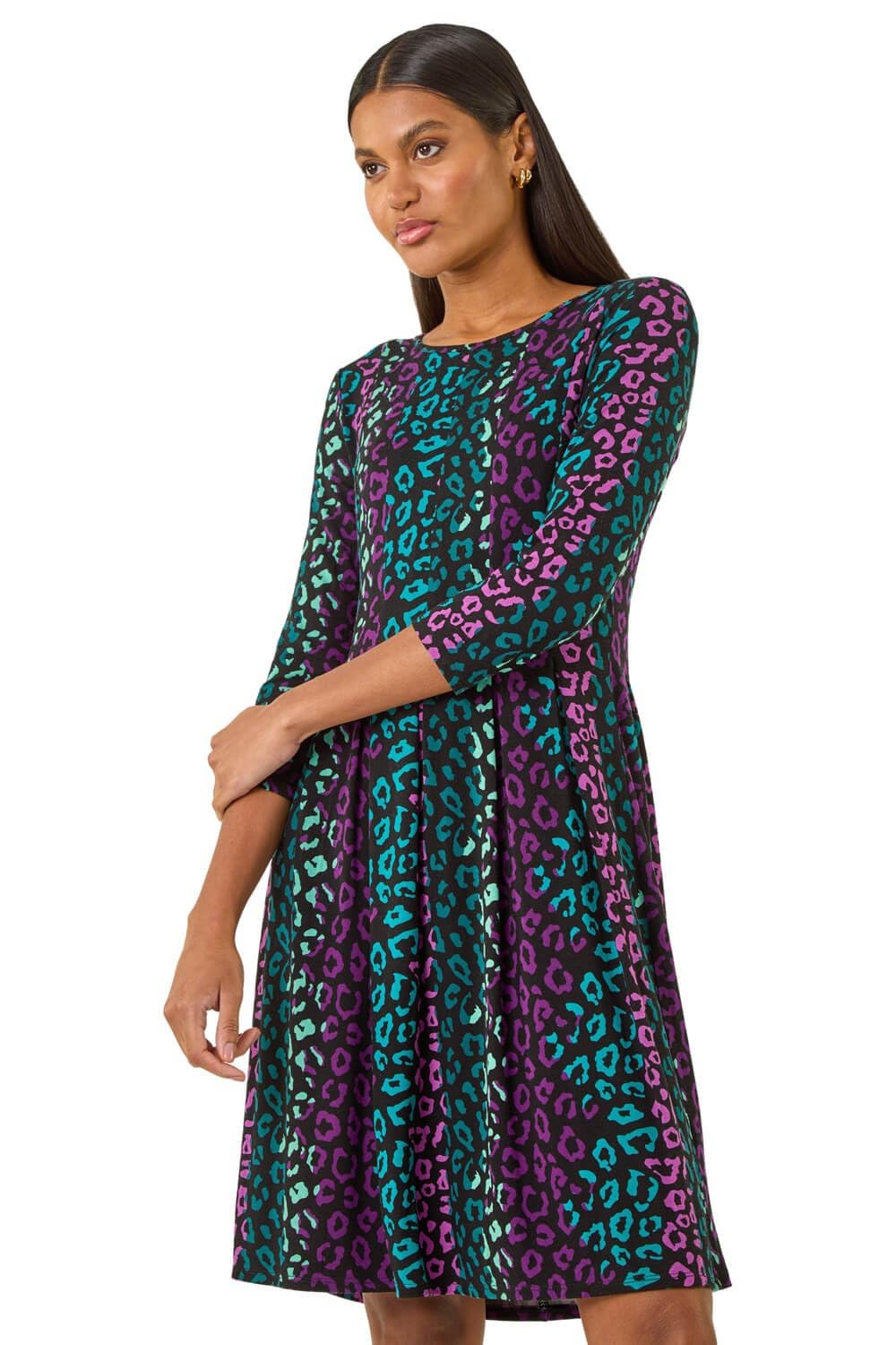 Roman Women's Teal Animal Print Panel Stretch Dress Size 18