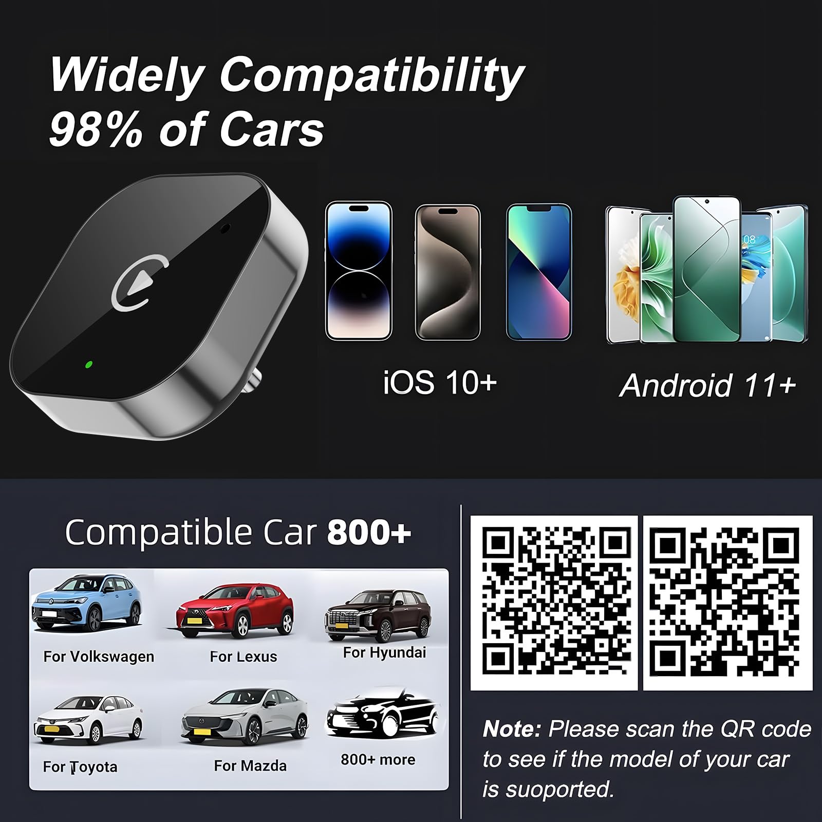 USB‑C Wireless-CarPlay- und Android-Auto-Adapter, Kabelgebunden-zu-Kabellos-Dongle | Plug & Play, kompatibel mit IOS und Android-Smartphones.