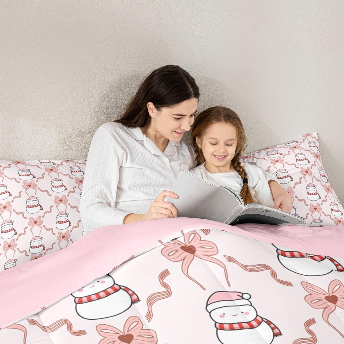 Feelyou Bow Bedding Set Soft for Boys Girls, Christmas Snowman Xmas Comforter Set Twin Size Cute Bowknot Duvet Quilt Microfiber Bedroom Decor 2 Pcs with 1 Pillow Cases
