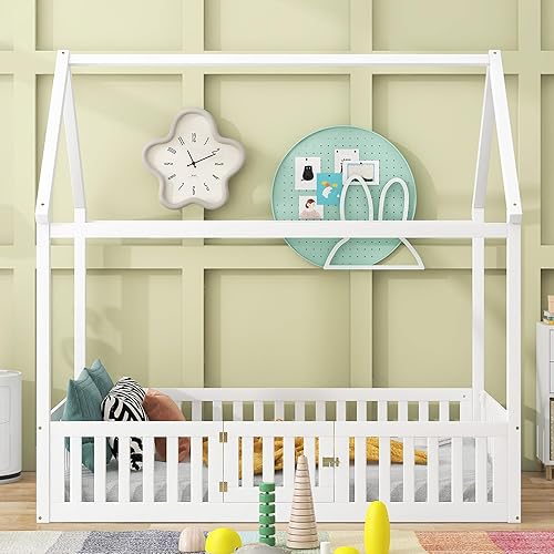 Marco de cama de casa para niños, cama Montessori de madera tamaño matrimonial con diseño de valla y puerta, cama de piso completo con rieles para