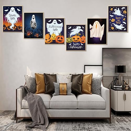 Miniatura 5 de CEKEIOLMLW Póster de fantasma, arte de pared de Halloween, divertido y espeluznante estampado de calabaza iluminada, decoración de pared de