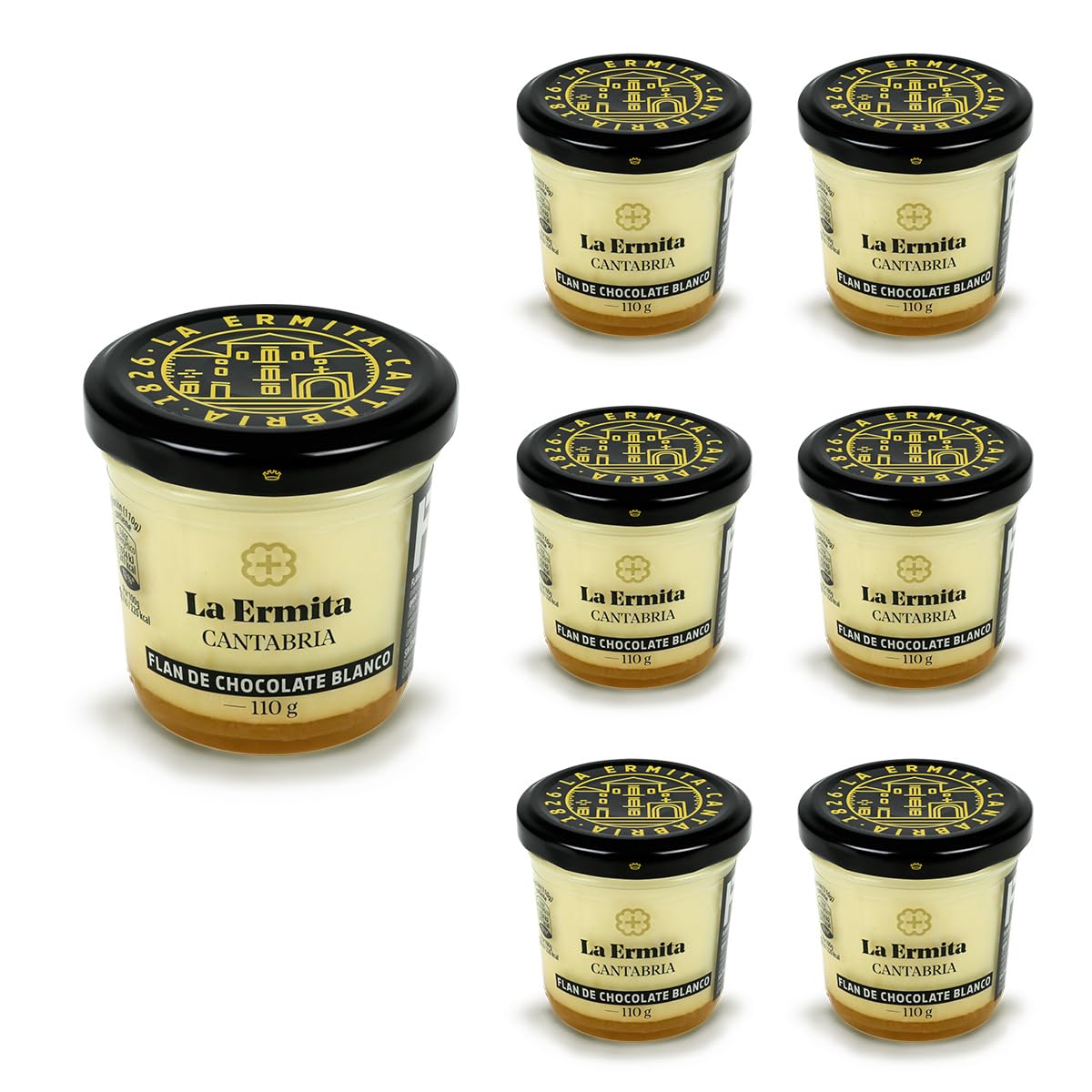 LA ERMITA Flan de Chocolate Blanco, Postre Lácteo Artesanal con Leche, Queso y Cobertura de Chocolate Blanco, Sin Gluten, 110 g (Pack 6 unidades)