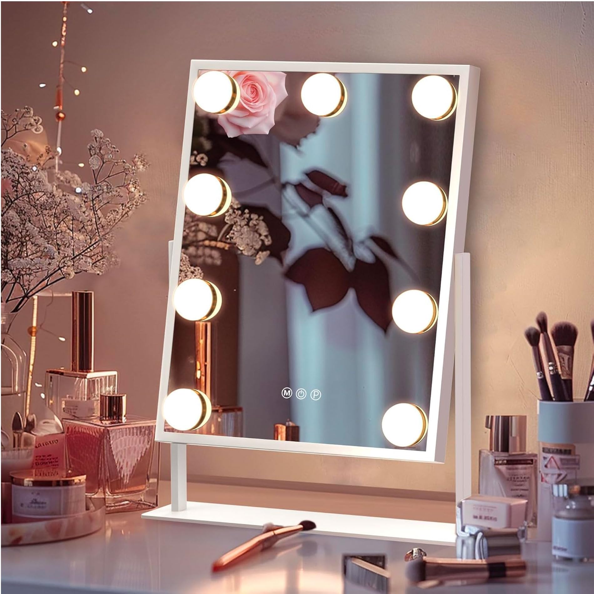 081 Store - Specchio Trucco con Luci, specchio grande illuminato con luce a 3 colori e 9 lampadine a LED dimmerabili, schermo touch intelligente e rotazione di 360 gradi