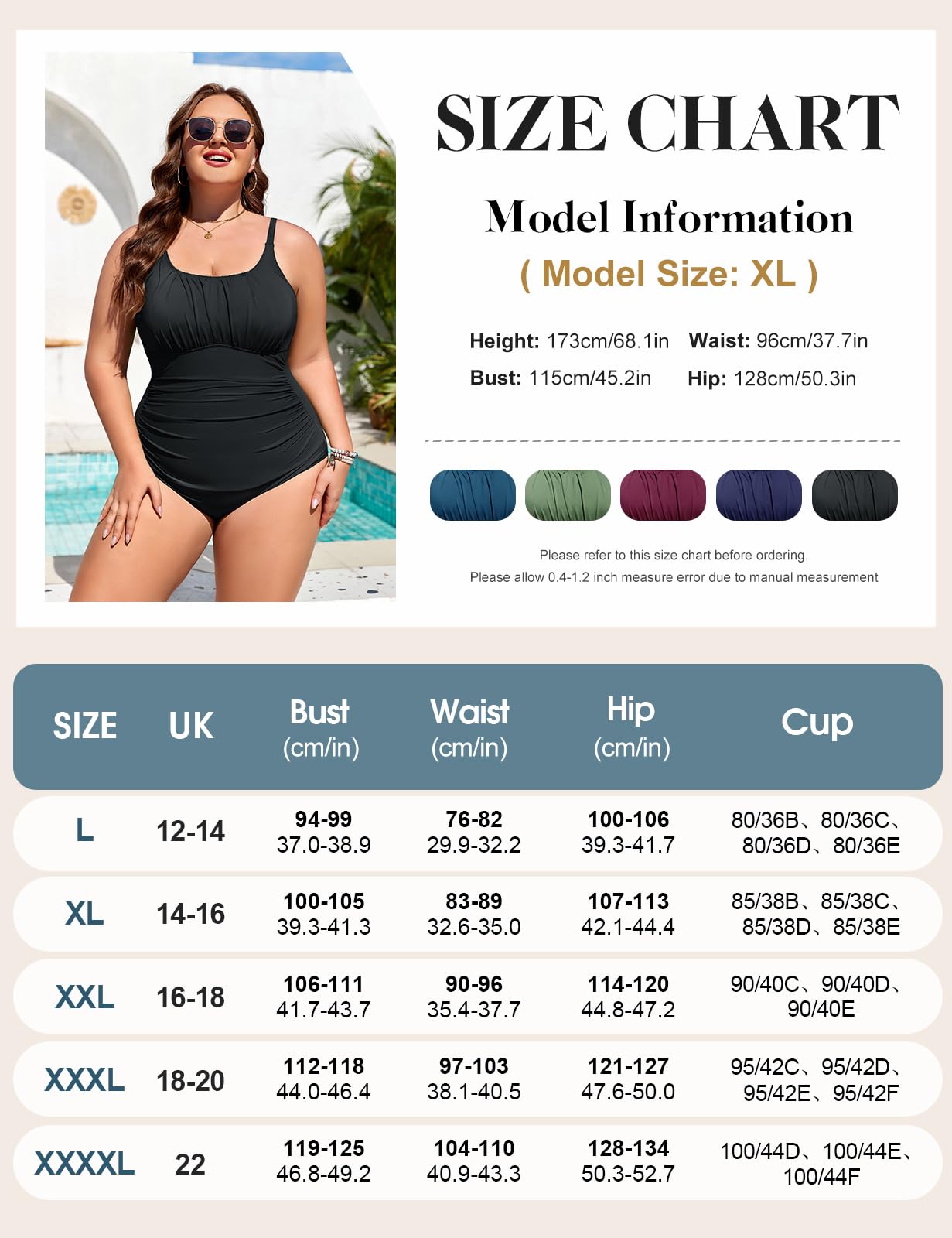 heekpek Maillot de Bain Grande Taille Femme 1 Piece Ventre Plat Maillot de Bain Push Up Rembourré Une Piece Ruché Swimsuit avec Col en U