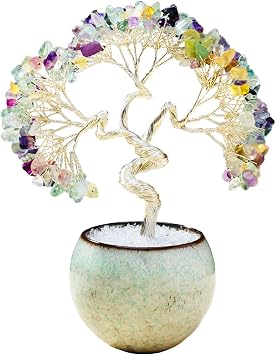 Runyangshi Color Fluorite Crystal Tree of Life - 7in Chakra Crystal Money Tree with 297 Natural Healing Crystal Gemstone for Feng Shui, Luck, Balancing Energy Home Decor & Spiritual Gift