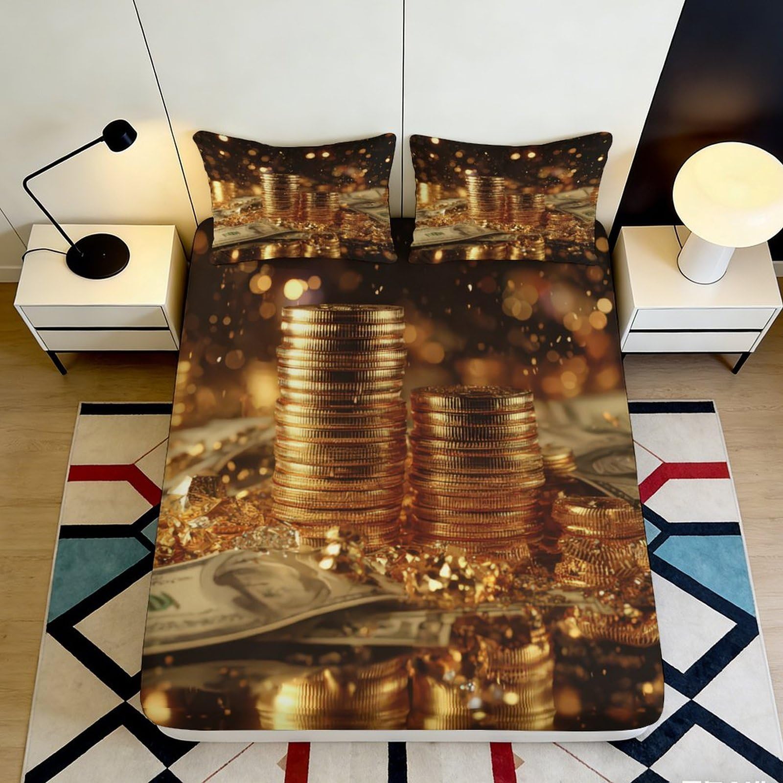 3D Printed Gold Coin Treasure Fitted Sheet Microfiber Anti-Slip Bedroom Decor Money Stack Mattress Cover Washable 90x200x25cm