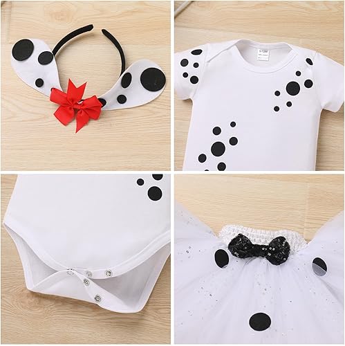 Miniatura 6 de IBTOM CASTLE Disfraz de perro dálmata para el primer cumpleaños de las niñas, mameluco con estampado de patas, falda tutú, orejas de perro, princesa