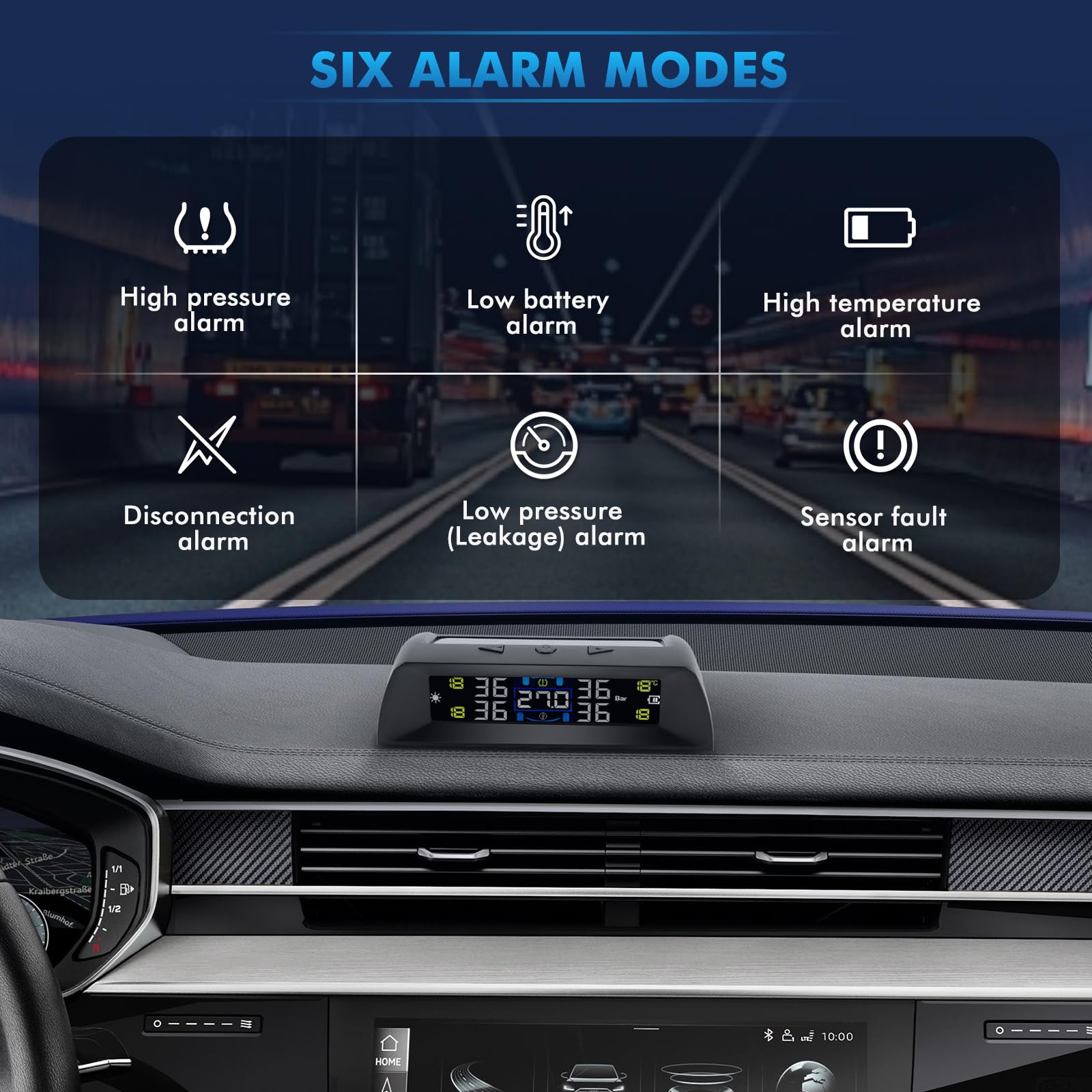 KAOLALI Sistema di Monitoraggio della Pressione dei Pneumatici, Visualizza La Temperatura all'Interno della Vettura TPMS, 6 modalità Allarme, con 4 Sensori Pressione Pneumatici (0-72 PSI)