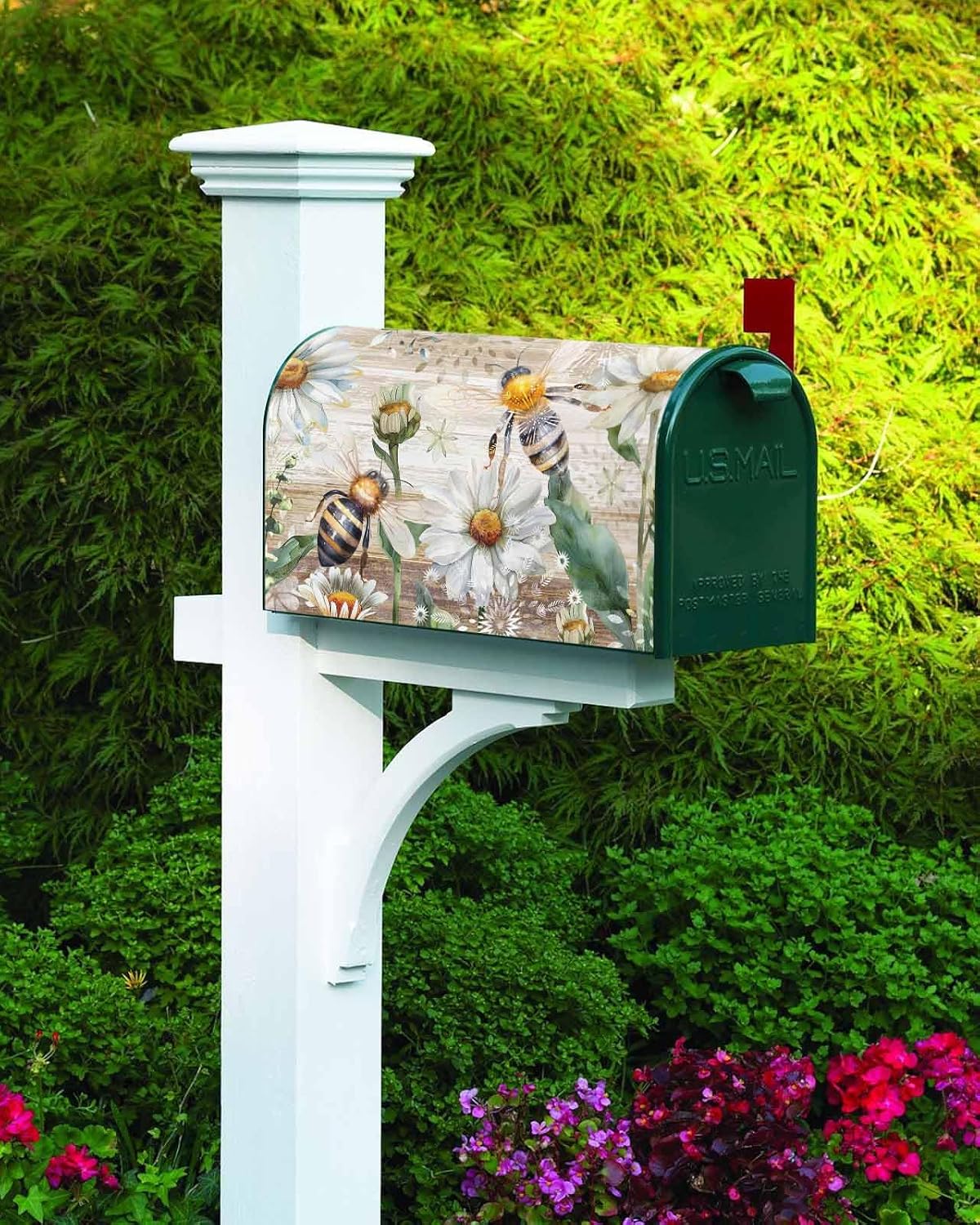 Bee Flower Mailbox Covers Magnetic Standard Size, Decorative Post Letter Numbers Box Wrap Decoration Covers Large Accessories for Garden Yard Outdoor Décor White Daisy Floral Rustic Rustic Woodgrain