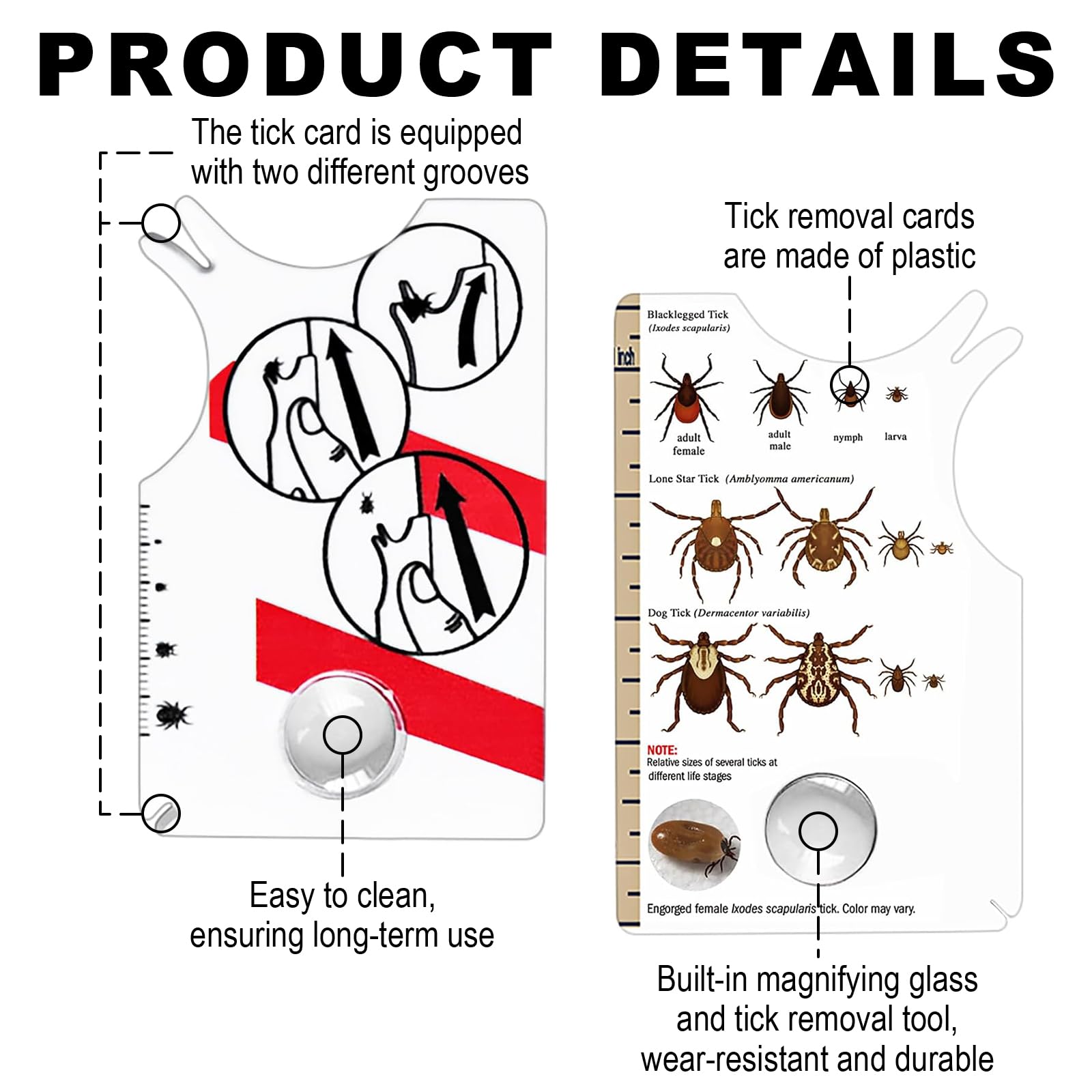2 pièces Carte à Tiques, Carte à Tiques Homme & Enfants, avec Loupe - Rapide & Doux Enlever Les Tiques pour Chien, Homme & Animal de Compagnie | Tick Cards for Humans