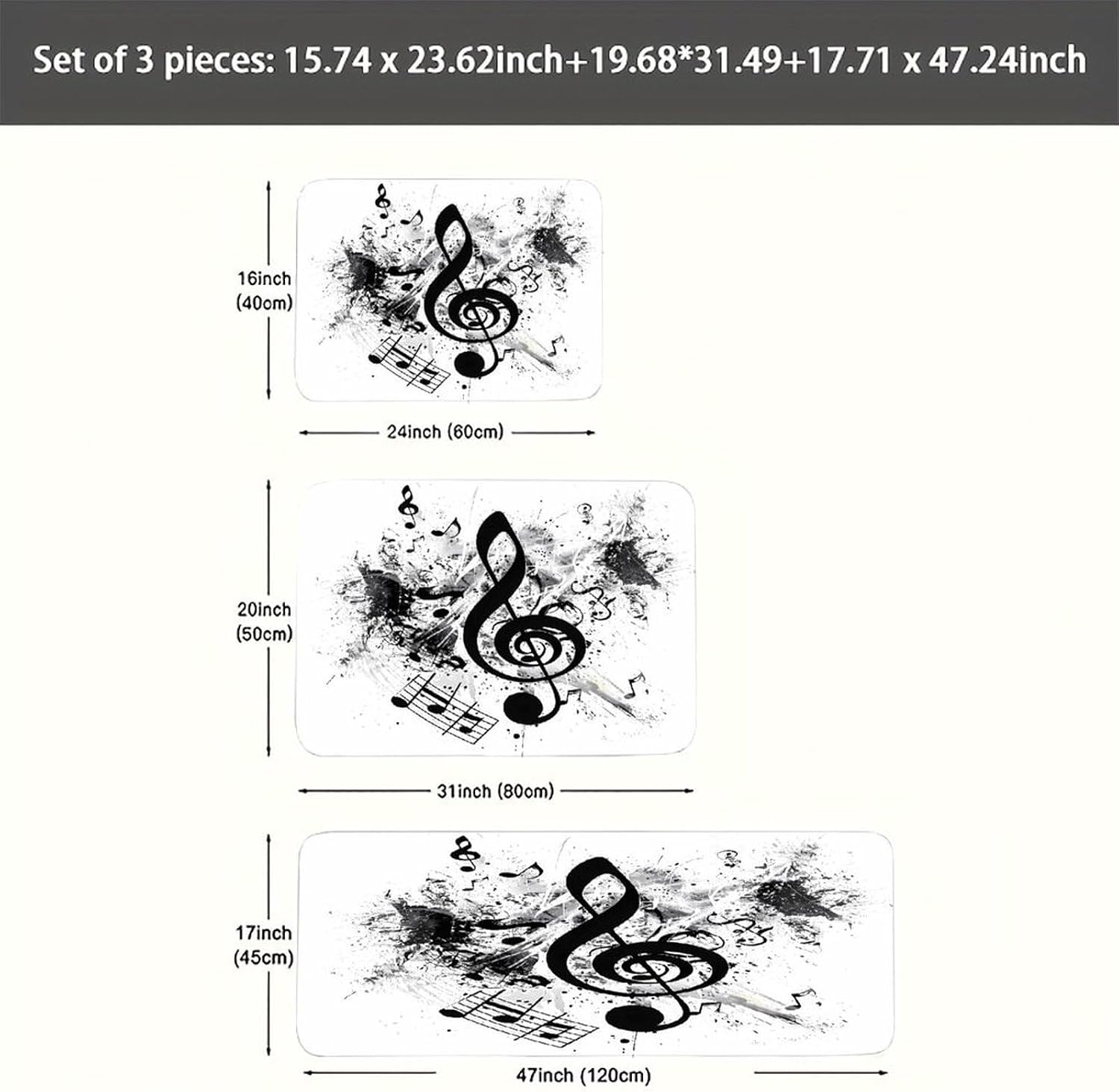 Musical Theme Music Clefs Kitchen Rugs Sets of 3 Washable Non Slip Kitchen Rug Water Resistant Carpet Piece Anti Fatigue Kitchen Mats Soft Comfort Standing Mat Modern Area Rug