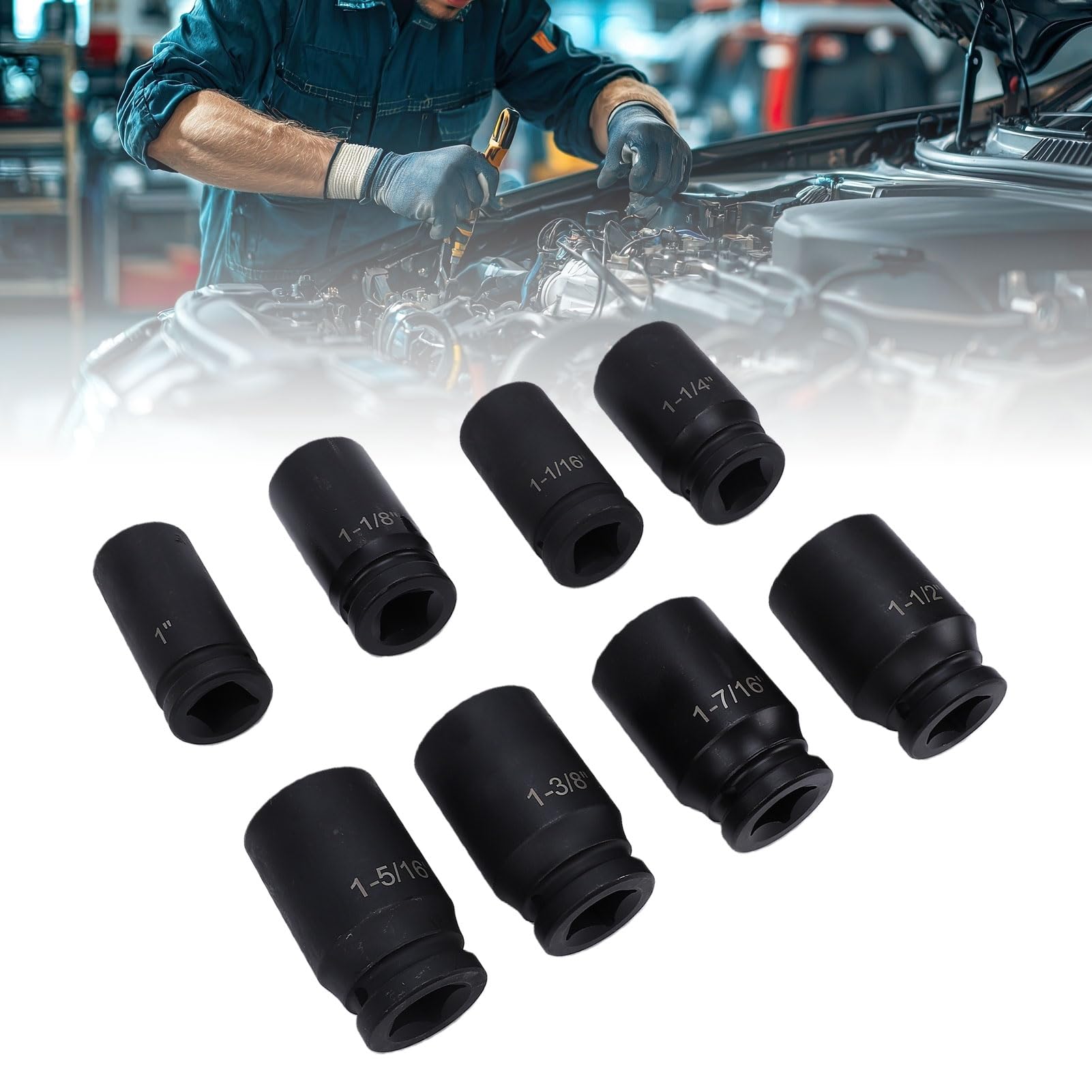 Akozon Juego 8 Vasos Impacto 3/4 Pulgadas Accionamiento Acero CrMo Profundos 6 Puntos SAE 1 a 1-1/2 Pulgadas para Autos CMB0135