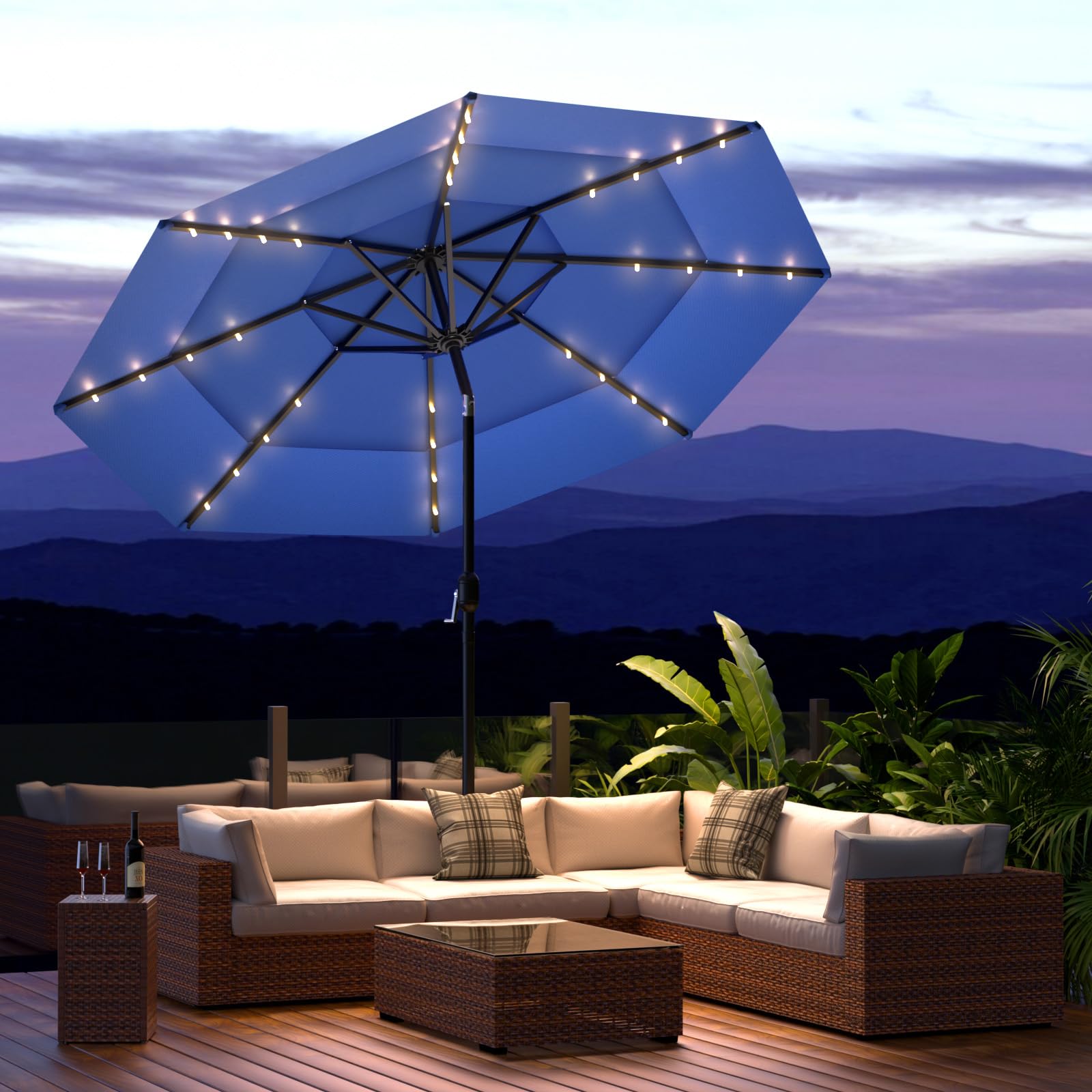 Ombrellone COSIEST A 3 Ripiani Con Luci LED Solari | 3 Metri, 8 Stecche, Tessuto Navy, Struttura Alluminio, Per Giardino E Piscina