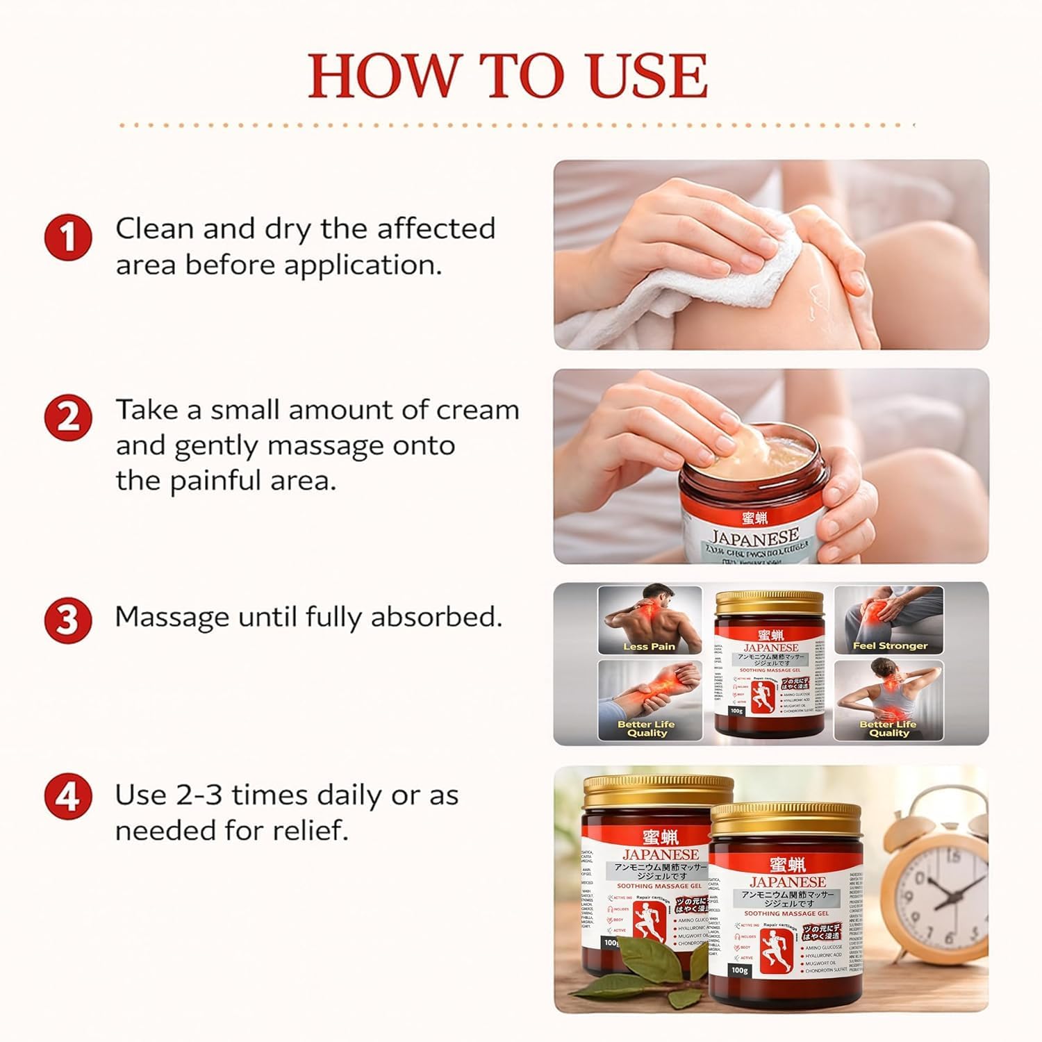 Netora Japanese Instant Pain Relief Soothing Massage Gel Fast-Acting Muscle Joint Comfort With Mugwort Oil Camphor Lactic Acid Relief for Back Neck Shoulders Knees (Pack of 3) 4