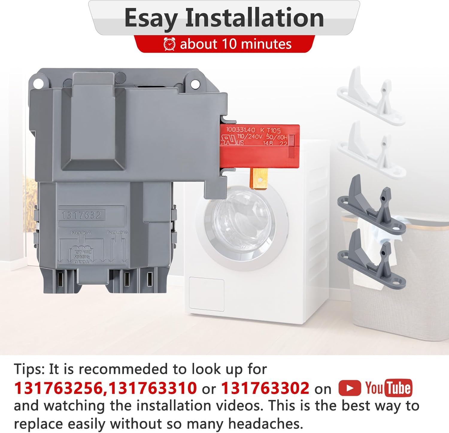 131763256 131763202 Washer Door Lock Latch Switch with 131763310 & 13176302, Replace 131763200 131763255 131269400, FAFW4011LW0 GLTF2940FS1 FAFW3511KW0 Front Load Washing Machine Striker