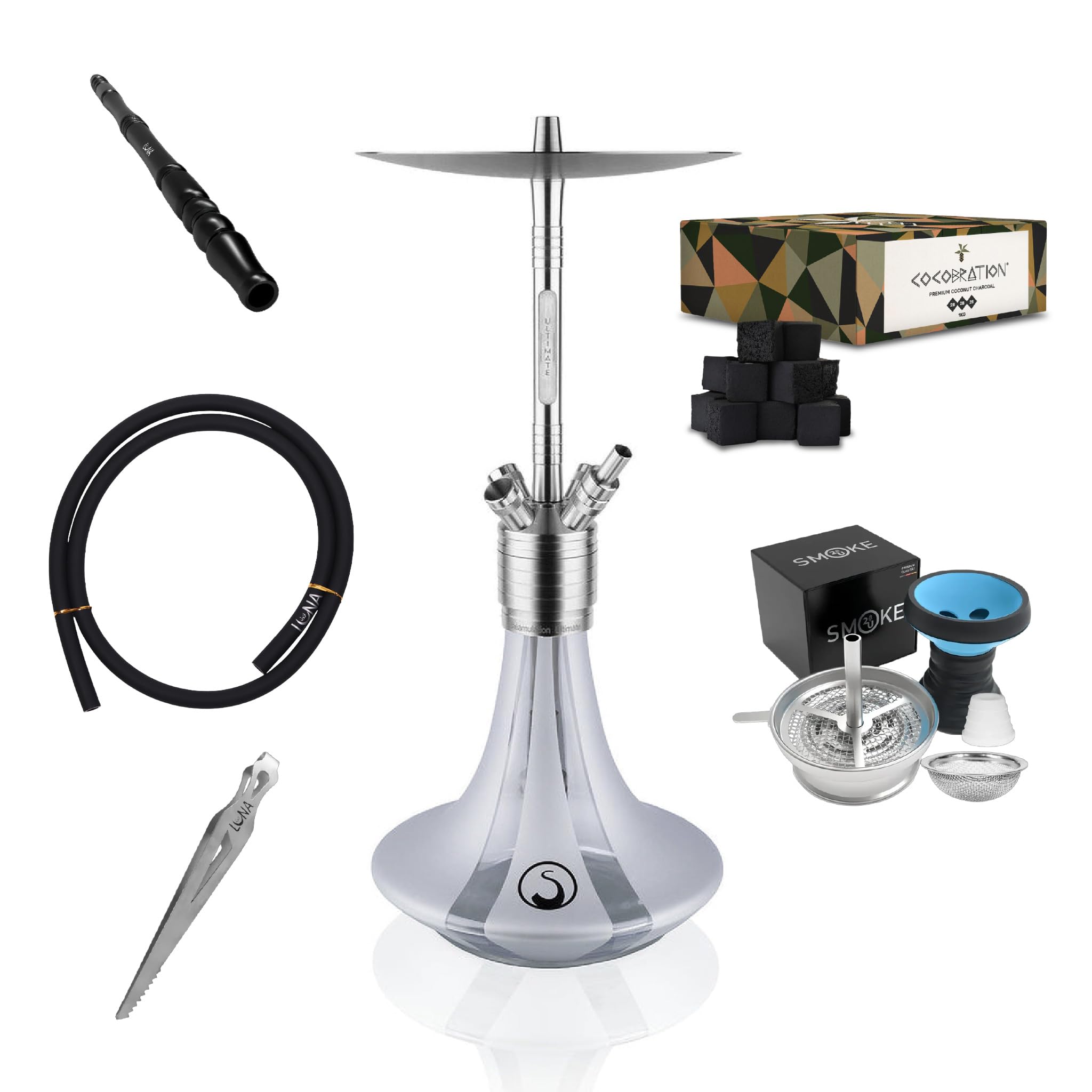 Steamulation Cachimba Ultimate Silver Metallic Gen.I | Shisha de Acero Inoxidable con Manguera de Silicona, Boquilla, Pinza, Cazoleta de Piedra HMD + 1 kg Carbón Cocobration 27 mm