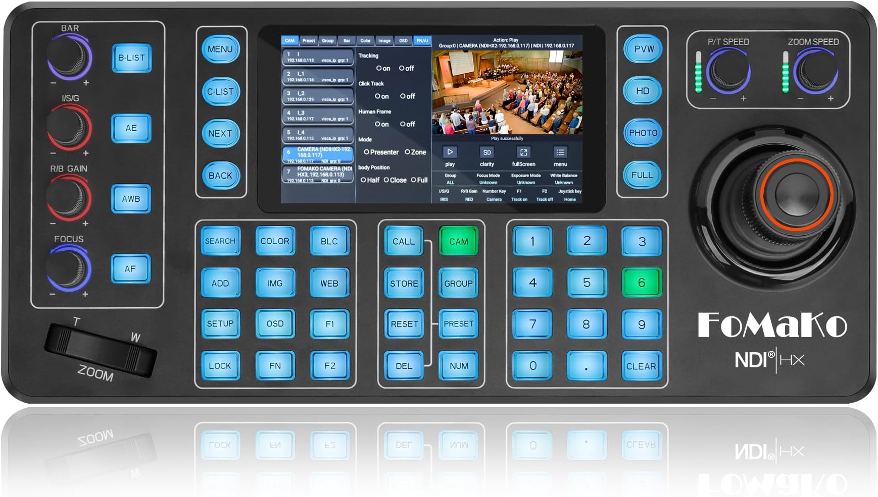 FoMaKo NDI PTZ Camera Controller KC608N – 5.5" Capacitive Touchscreen, 4K Preview, 4D Hall Joystick, PoE, VISCA/Pelco/NDI HX Support – for Church, Worship, Education, Conference & Live Events
