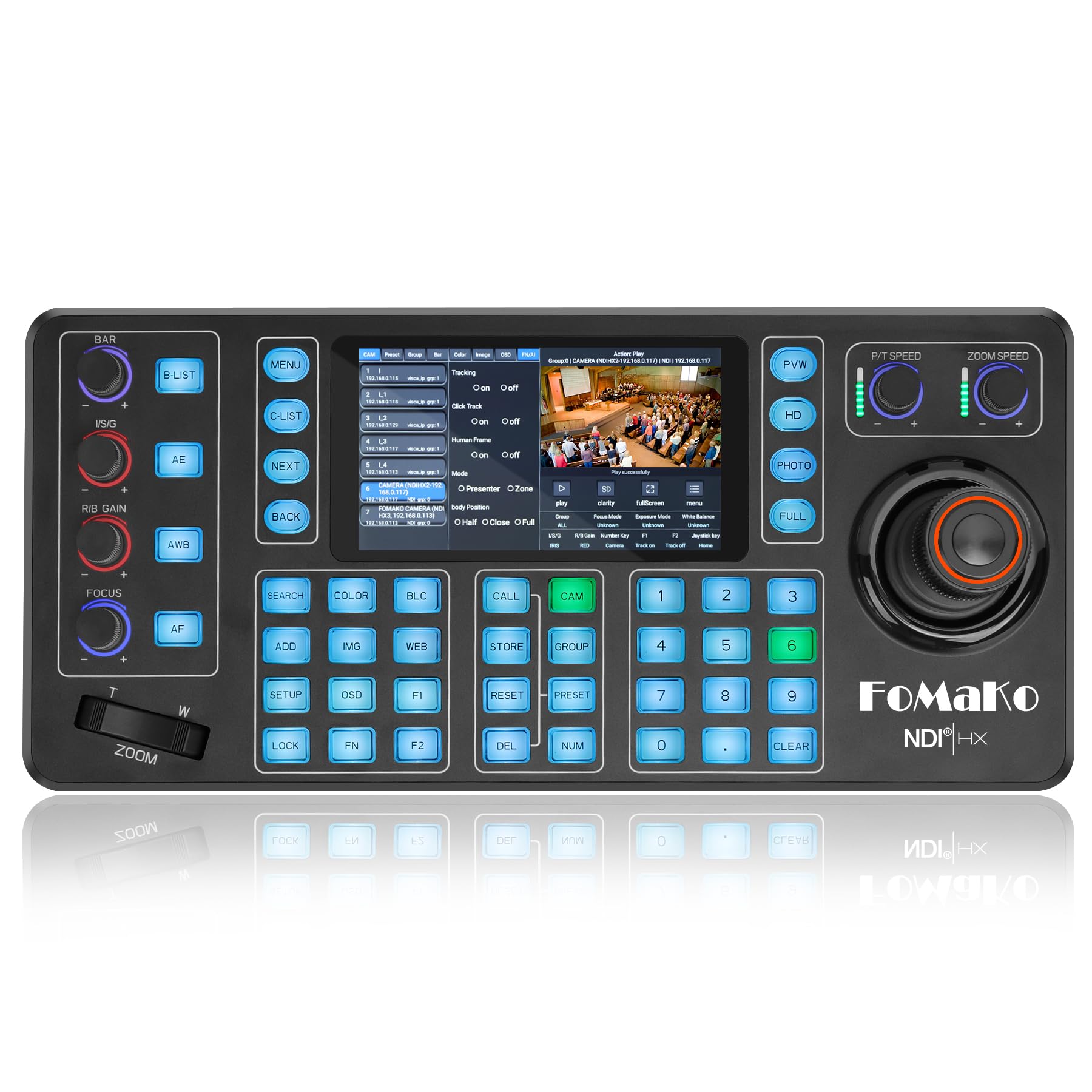 FoMaKo NDI PTZ Controller with 4D Joystick and 3-Inch LCD Screen Preview, PoE IP PTZ Controller Visca PELCO D/P RS232 RS485, for Church Video Conference vMix/OBS Streaming (KC608N)