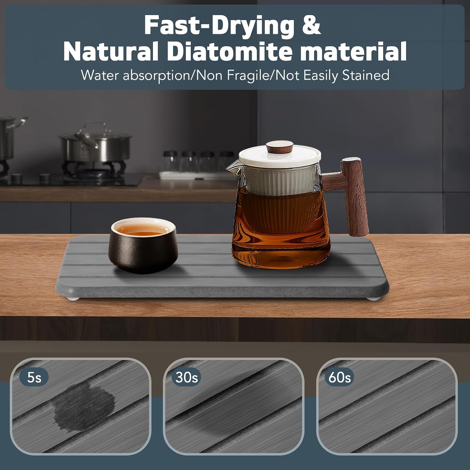 2 Pack Water Absorbing Stone Tray, 8" x 4" Fast-Drying Diatomite Coasters with Non-Slip Silicone Feet, Multipurpose Stone Quick Drying Mat for Bathroom Sink Kitchen Counter