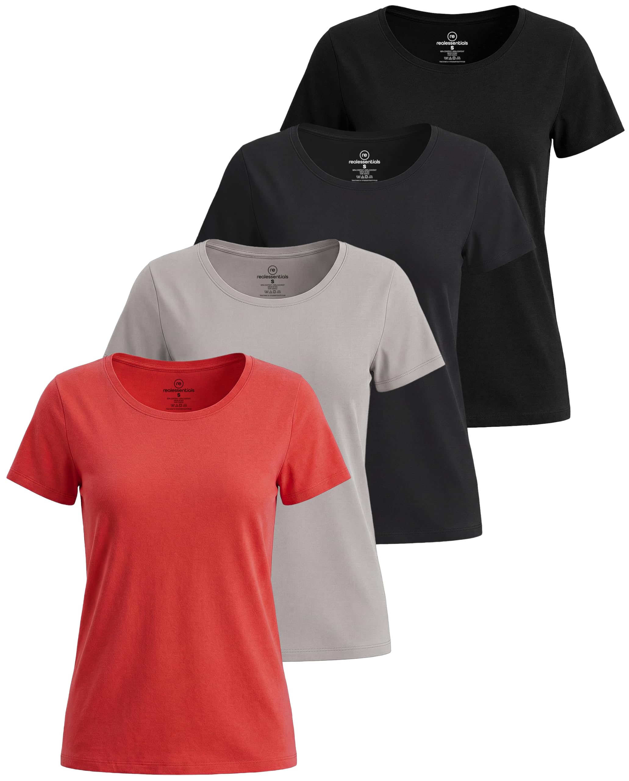 Real Essentials 4 Pack Women's Cotton Short Sleeve T-Shirt, Scoop Crew Neck, Set 6, XS