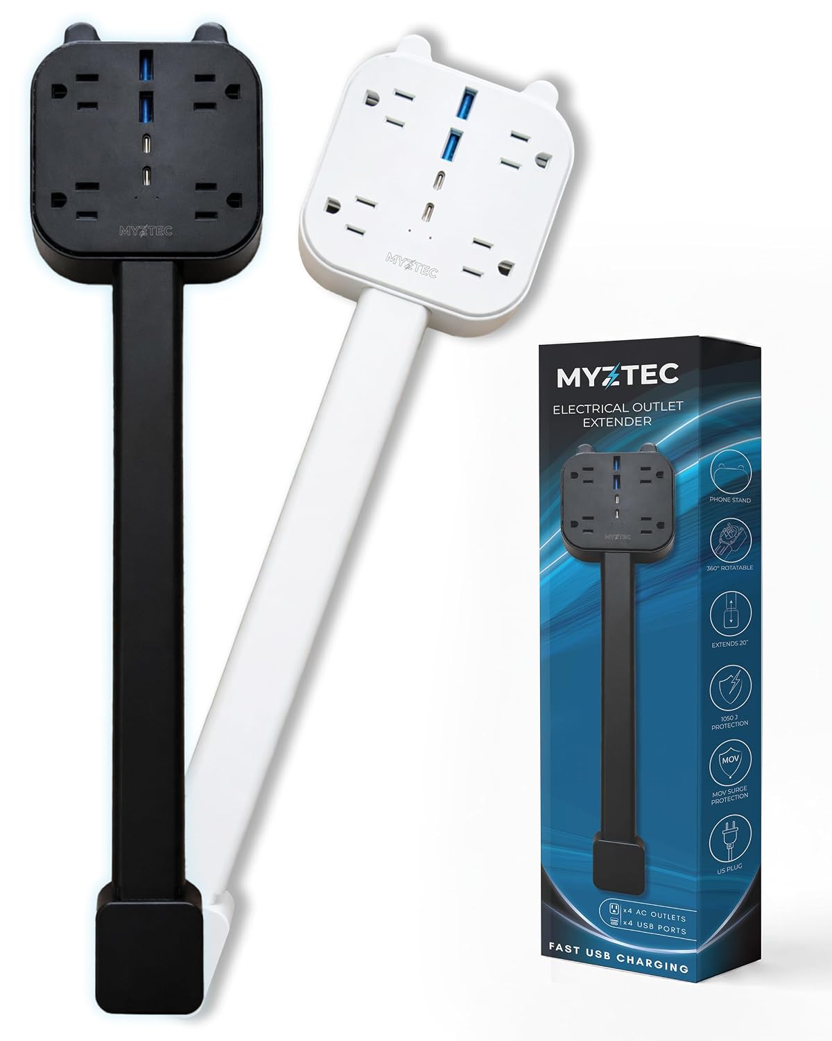 Electric Outlet Extender, Plug Extension Outlet Stick for Behind The Couch Socket - 360° Rotatable, 4 AC Outlets, 2 USB-A & 2 USB-C Ports, 18"- 27" Adjustable - Black