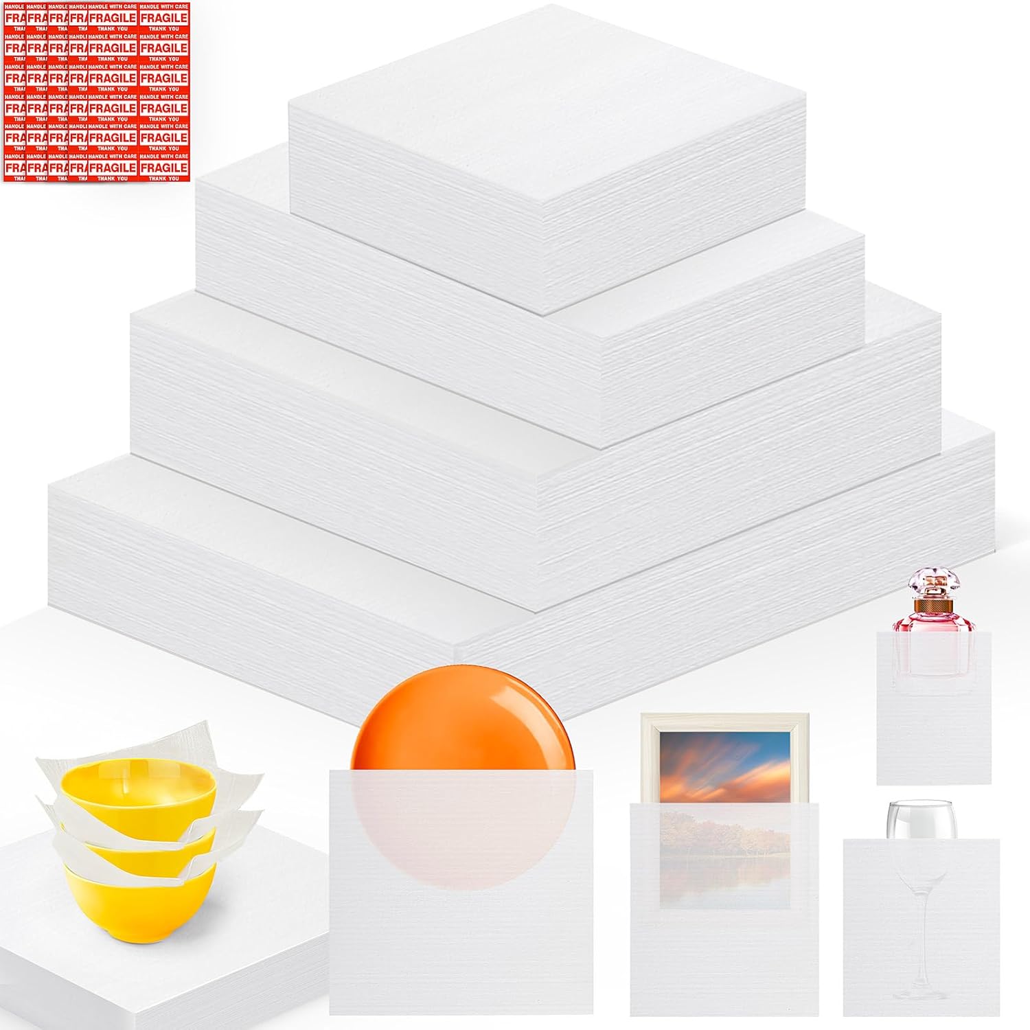 540 pcs Moving Dish Packing Supplies, 290 Cushion Foam Pouches and Sheets, 4 Sizes (16x12", 12x12", 12x7.8", 7.8x7.8") with 250 Fragile Stickers, Foam for Moving, Packaging, Commercial & Household Use
