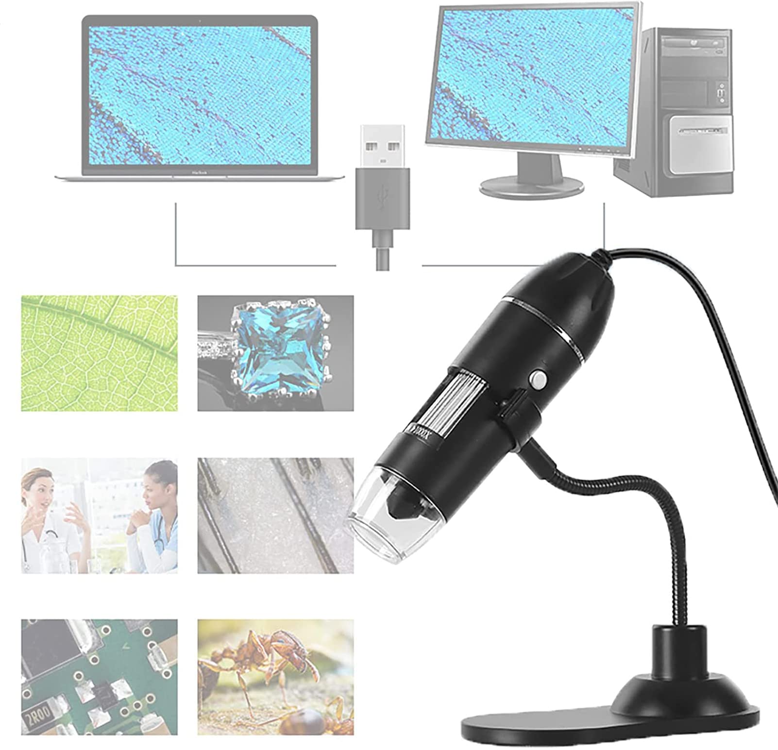 Mikroskop cyfrowy USB, 50X do 1000X ręczna lupa endoskopowa, kompatybilna z systemem Windows i Mac