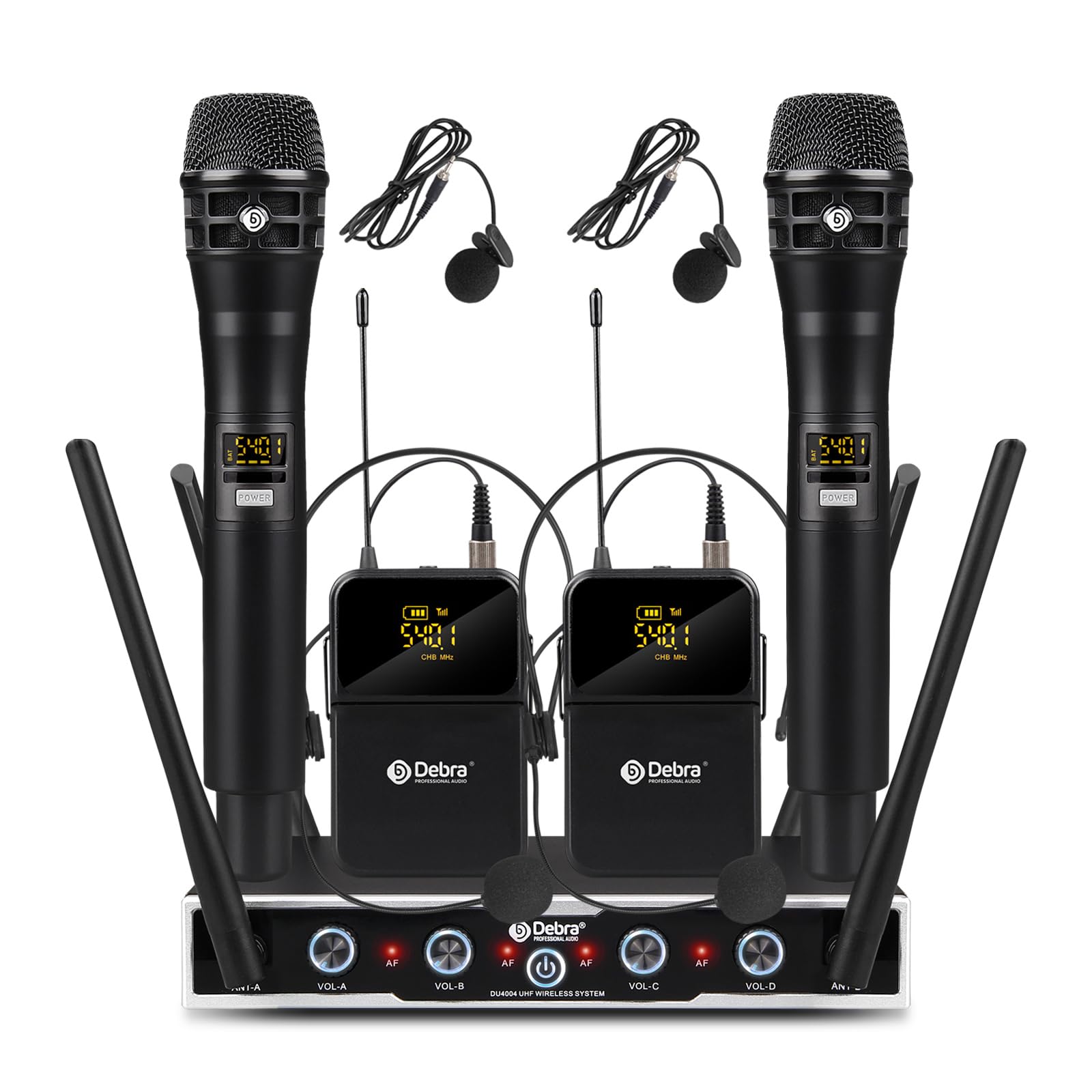 D Debra Audio Sistema di microfoni senza fili Pro DU4004 UHF 4 * 16 canali regolabili Microfoni auricolari lavalier palmari senza fili, ideali per riunioni Chiesa Discorso Festa (2 Palmare 2 Bodypack)