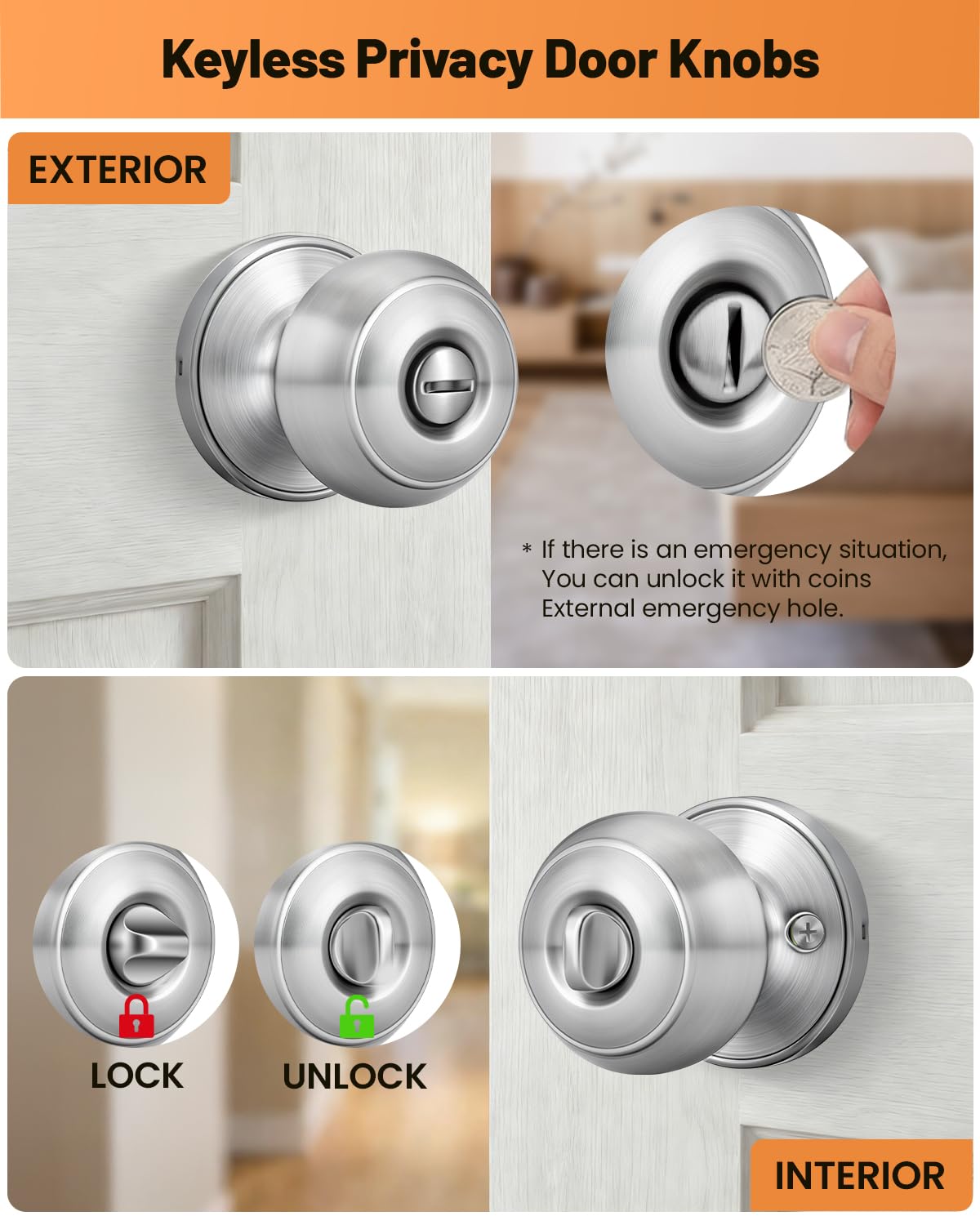 Brushed Nickel Privacy Door Knobs - Keyless Lock -4 Brushed Nickel Privacy Door Knobs - Keyless Lock -4