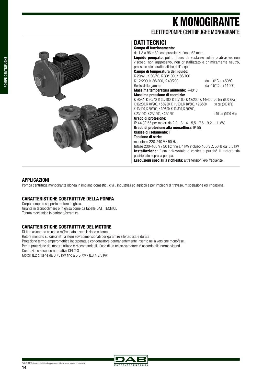 DAB K 36/100 M 2,5 HP Bomba monofásica centrífuga monogirante usos domésticos civiles industriales agrícolas riego
