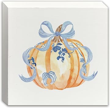 JWVK Fall Pumpkin Decor, Blue and White Chinoiserie Coquette Pumpkin Wooden Box Sign, Grandmillenial Home Decor, Fall Decorations for Home Office Desk Table Shelf Decor, 5x5 Inch