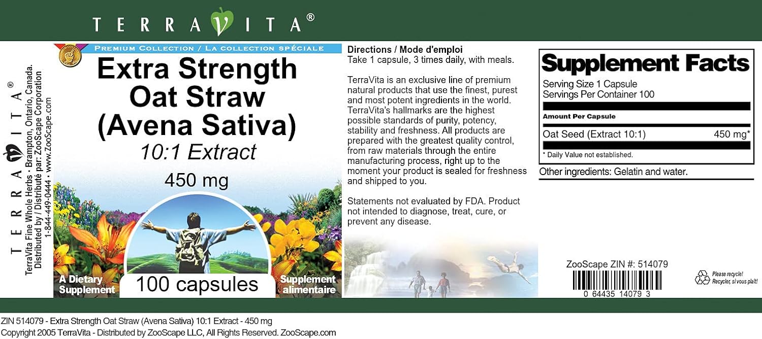 Extra Strength Oat Straw (Avena Sativa) 10:1 Extract - 450 mg (100 Capsules, ZIN: 514079)