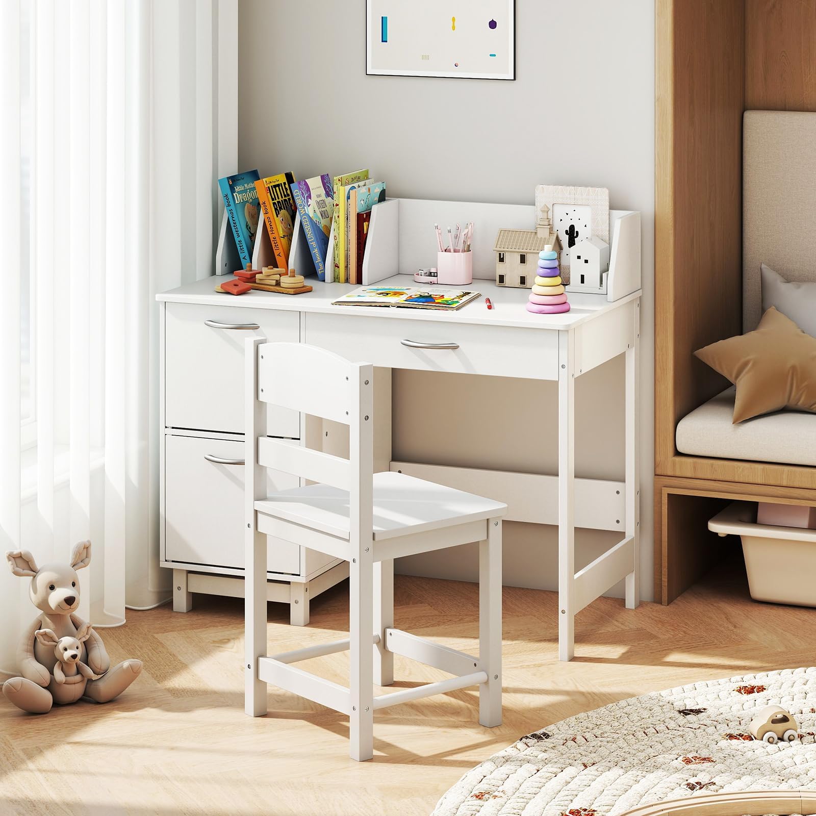 COSTWAY Schreibtisch Kinder Set mit Stuhl, Kinderschreibtisch mit Stauraum, Schülerschreibtisch mit Regal, offener Ablage & Schrank, Jugendschreibtisch für Jungen & Mädchen ab 3 Jahren (Weiß)