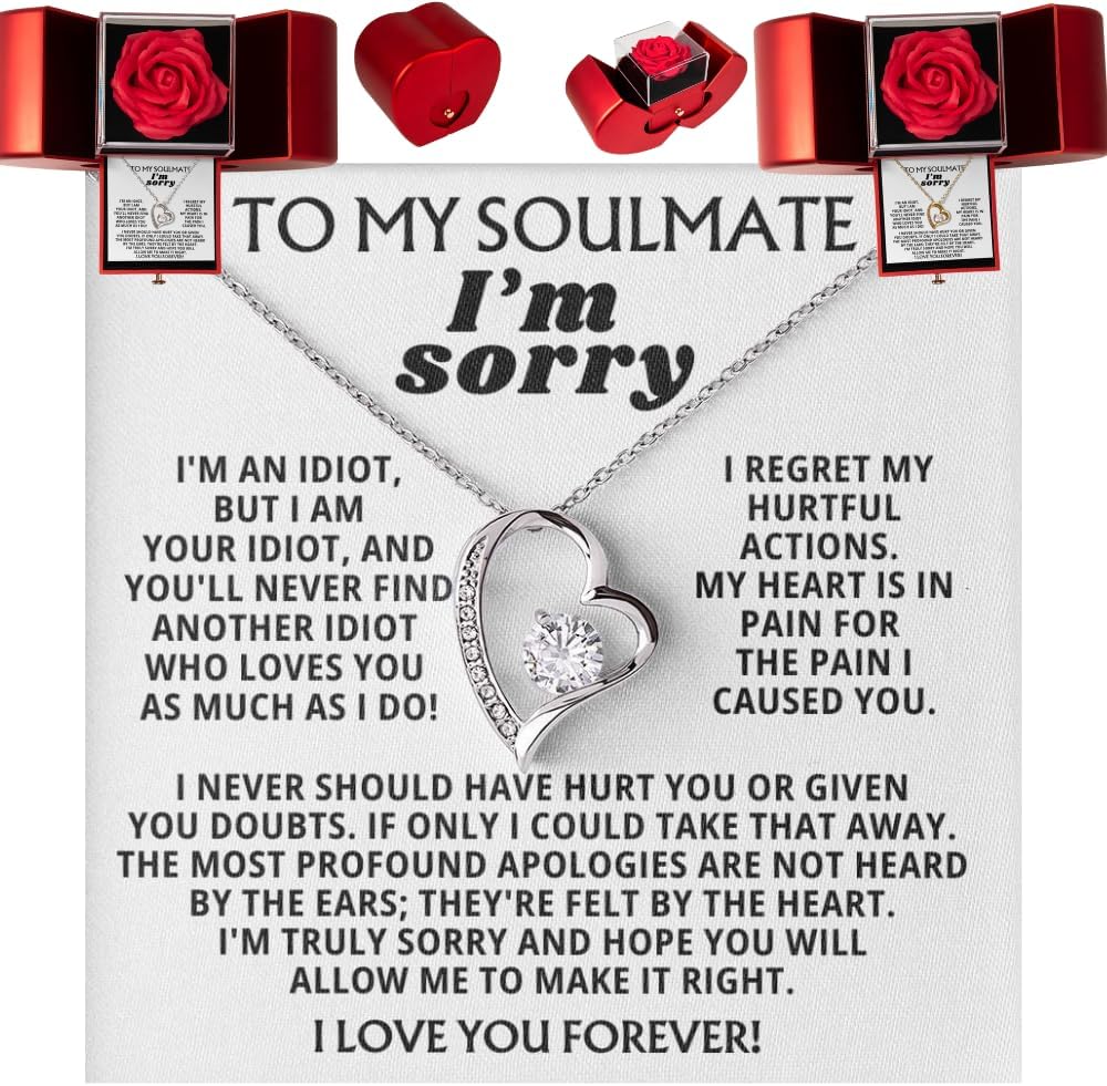 Jewelry To My Wife- Truly Sorry, Forever Love Necklace, Gift For Wife, for her,Gifts Romantic, Christmas Birthday, Valentine Day, Heart Rose Box