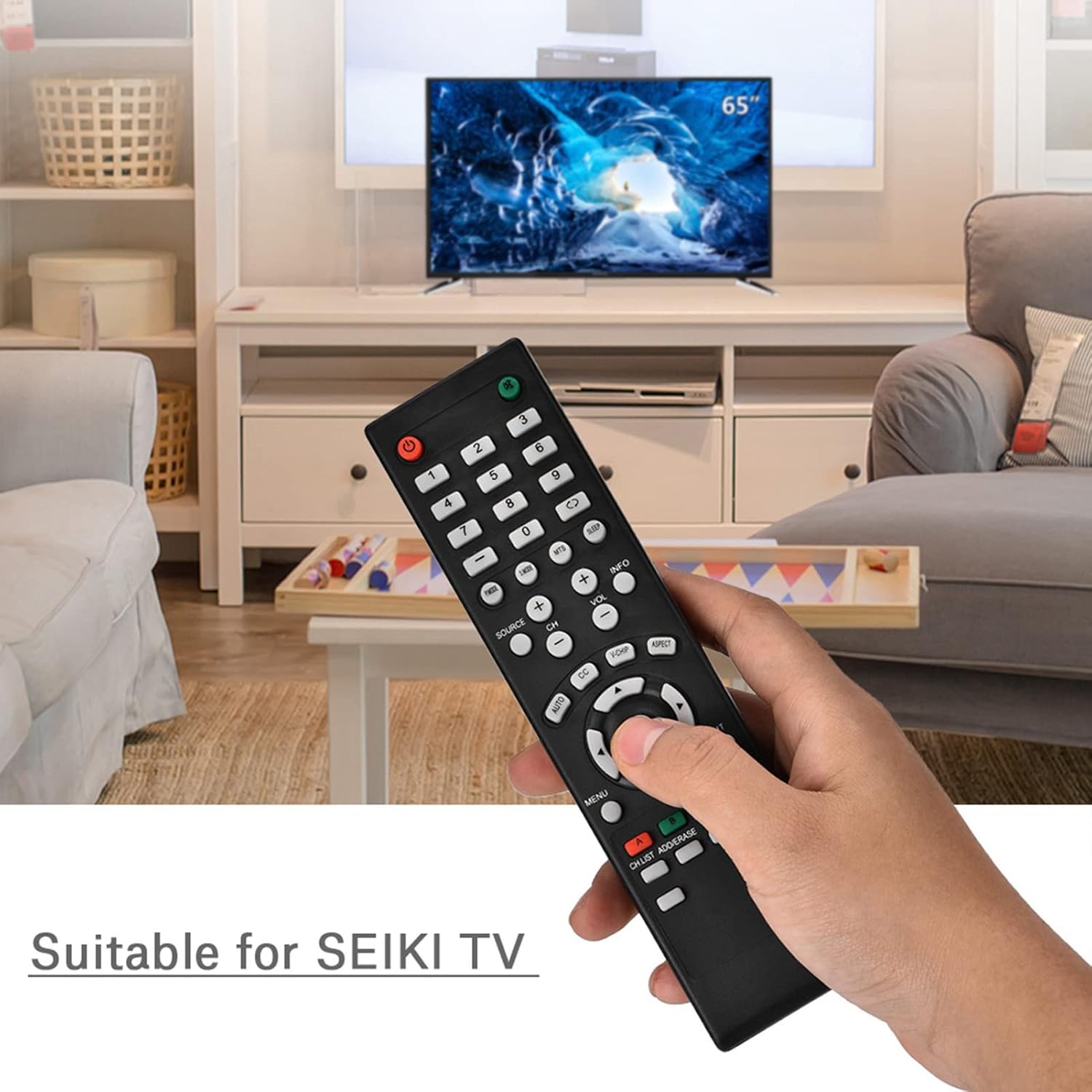 Zerone Replacement Remote Control held in hand, pointing towards a television.