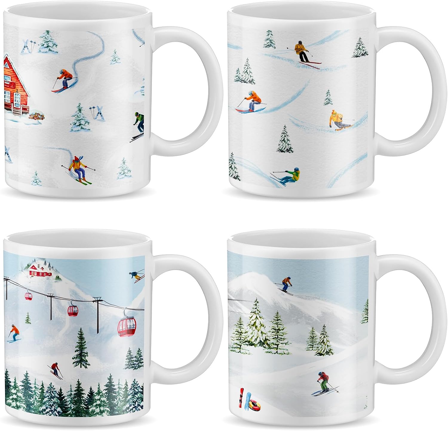 Vesici 4 Pack Skiing Coffee Mugs, 12 oz Ceramic Cups for Skiers