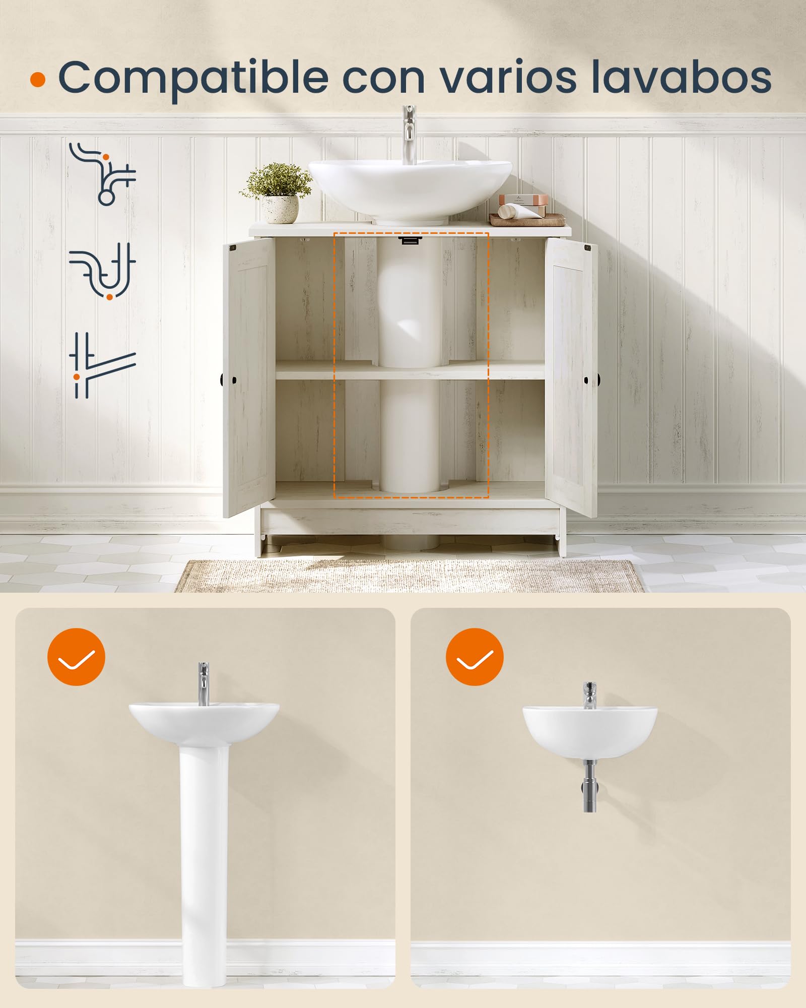 SONGMICS Home Mueble Bajo Lavabo para Baño, Montaje Súper Rápido Sin Herramientas Toolless, Armario con Estante Ajustable, para Lavabos con o sin Pedestal, Blanco Rústico BBC223WJ01