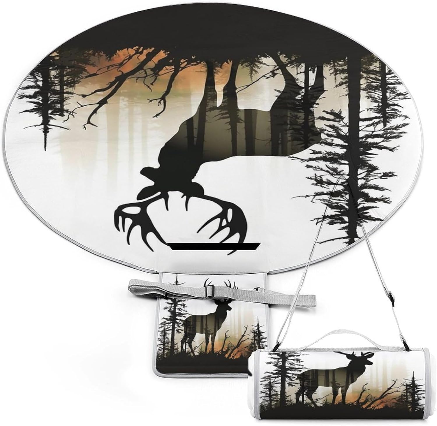 Deer Silhouette Round Outdoor Picnic Mat Foldable Waterproof Beach Camping Blanket Outdoor Rug with Sponge Padding