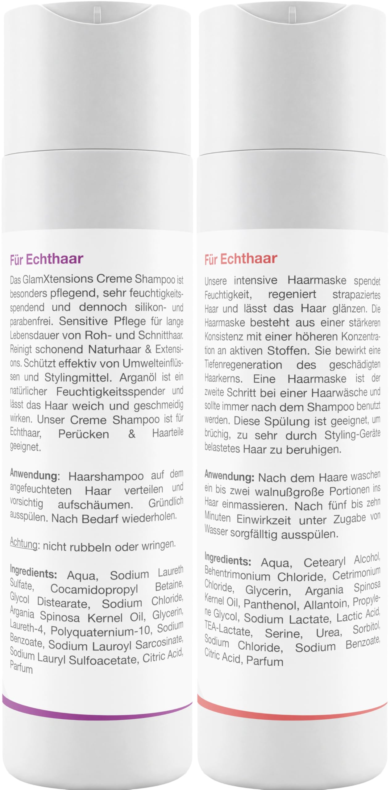 Extensions Shampoo und Spülung Set - ohne Silikone | hoher Anteil Arganöl - Für Rohhaar, Echthaar, Extensions Pflege Haarverlängerungen Perücken und Haarteile, 2 x 250ml