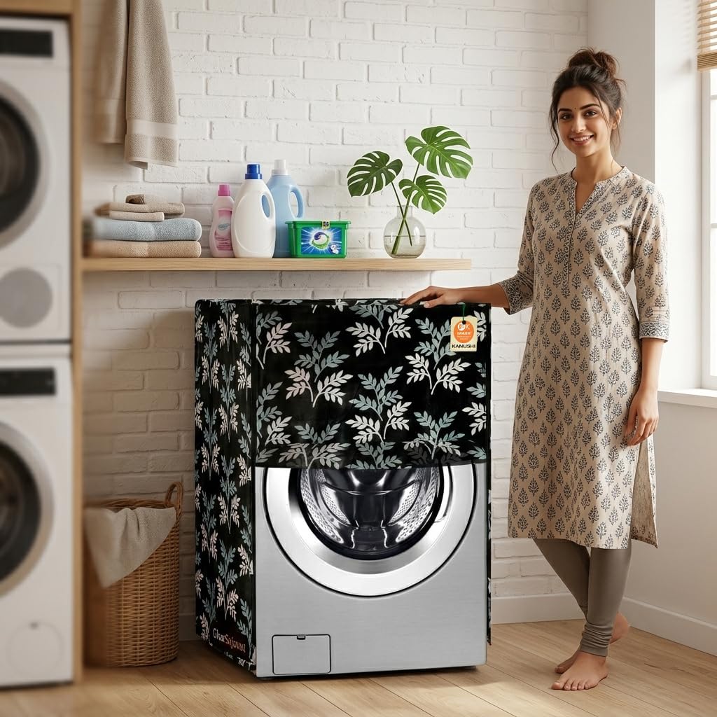 KANUSHI Polyester Industries Washable & Dustproof Front Load Automatic Washing Machine Cover (Suitable For 6 Kg, 6.5 Kg, 7 Kg, 7.5 Kg) (Var-Wasmac-Black-Small-Levs-Front-0)
