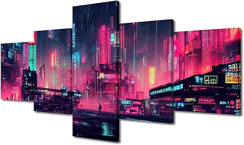 Lienzo decorativo moderno Cyberpunk, impresión de 5 paneles de escena futurista de ciencia ficción sobre lienzo para decoración de pared de