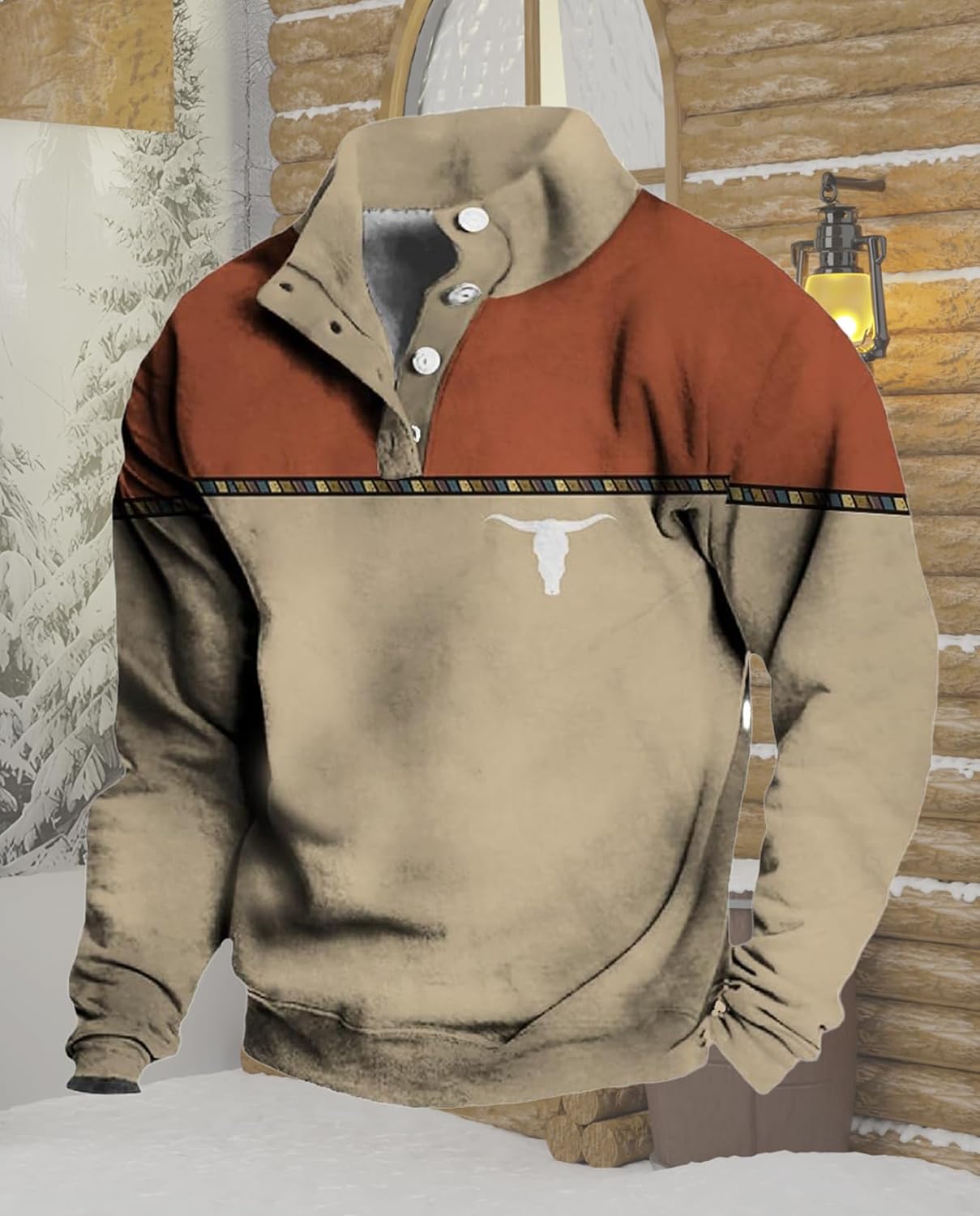 Western Sweatshirts for Men Aztec Retro Pullover Quarter Zip Sweatshirt Mens Stitching Color Fleece Sweatshirt - Image 3