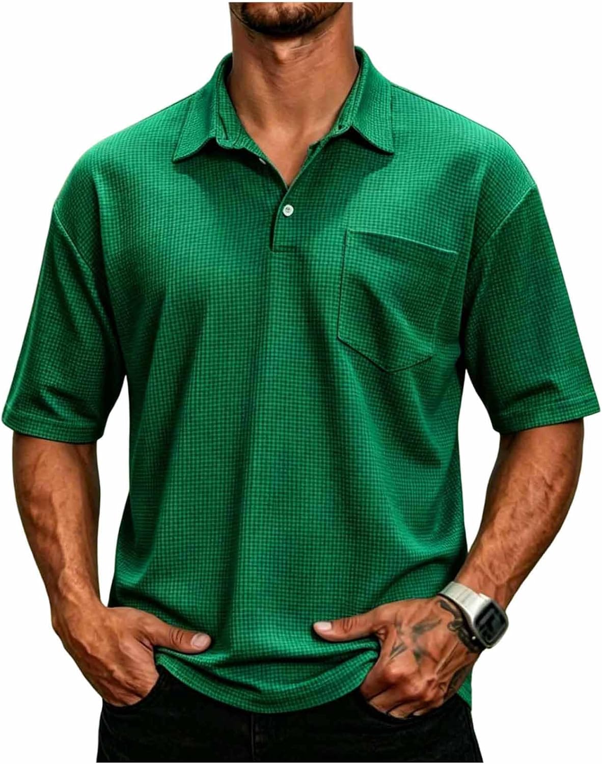 Mens Textured Short Sleeve Shirt Casual Knit Golf Shirts with Chest Pocket Summer Business Work Resort Top 2026