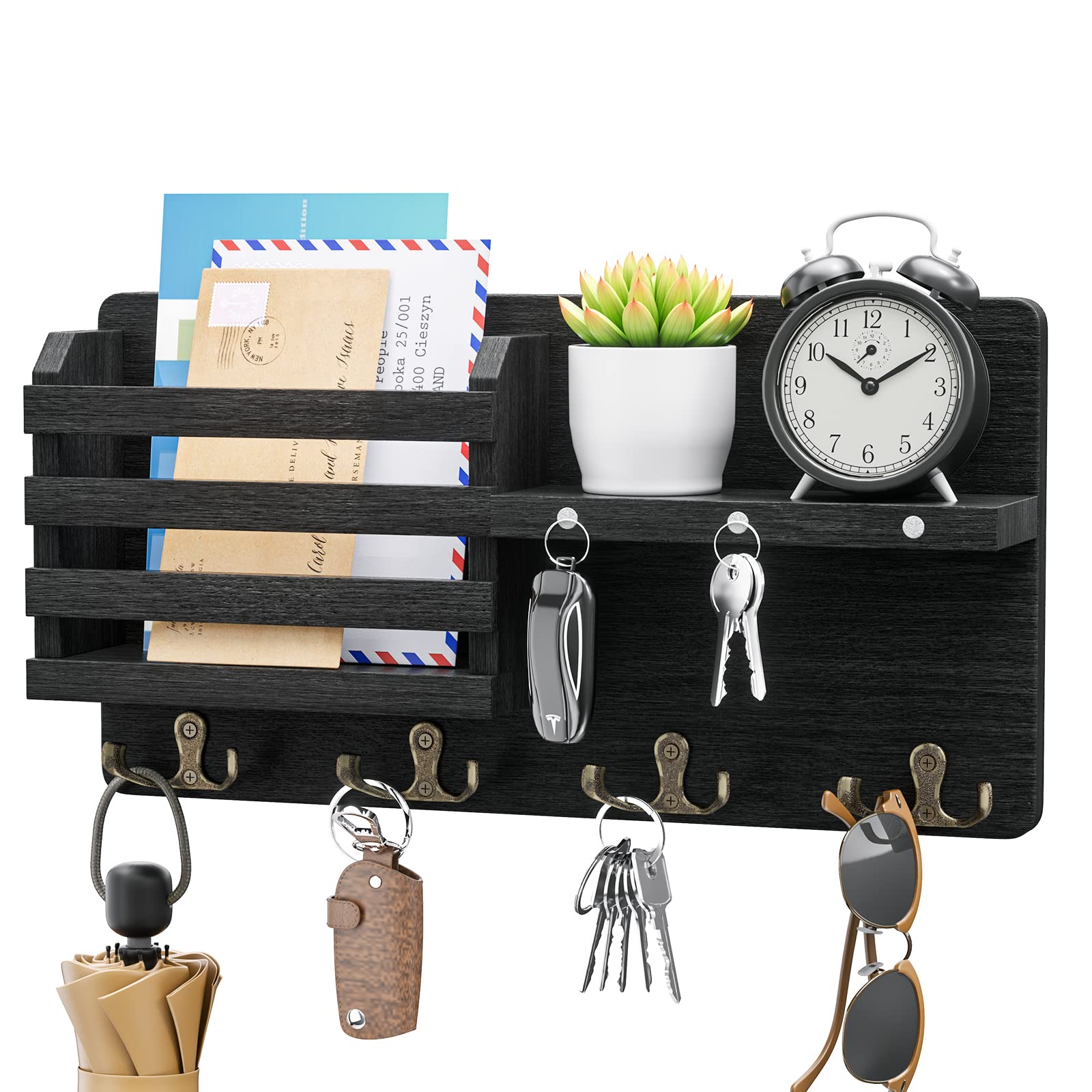 SWTYMIKI Estante para llaves con 4 ganchos dobles para llaves, ganchos decorativos rústicos para soporte de correo de pared para entrada, vestíbulo, pasillo, dormitorio, sala de estar, color negro,