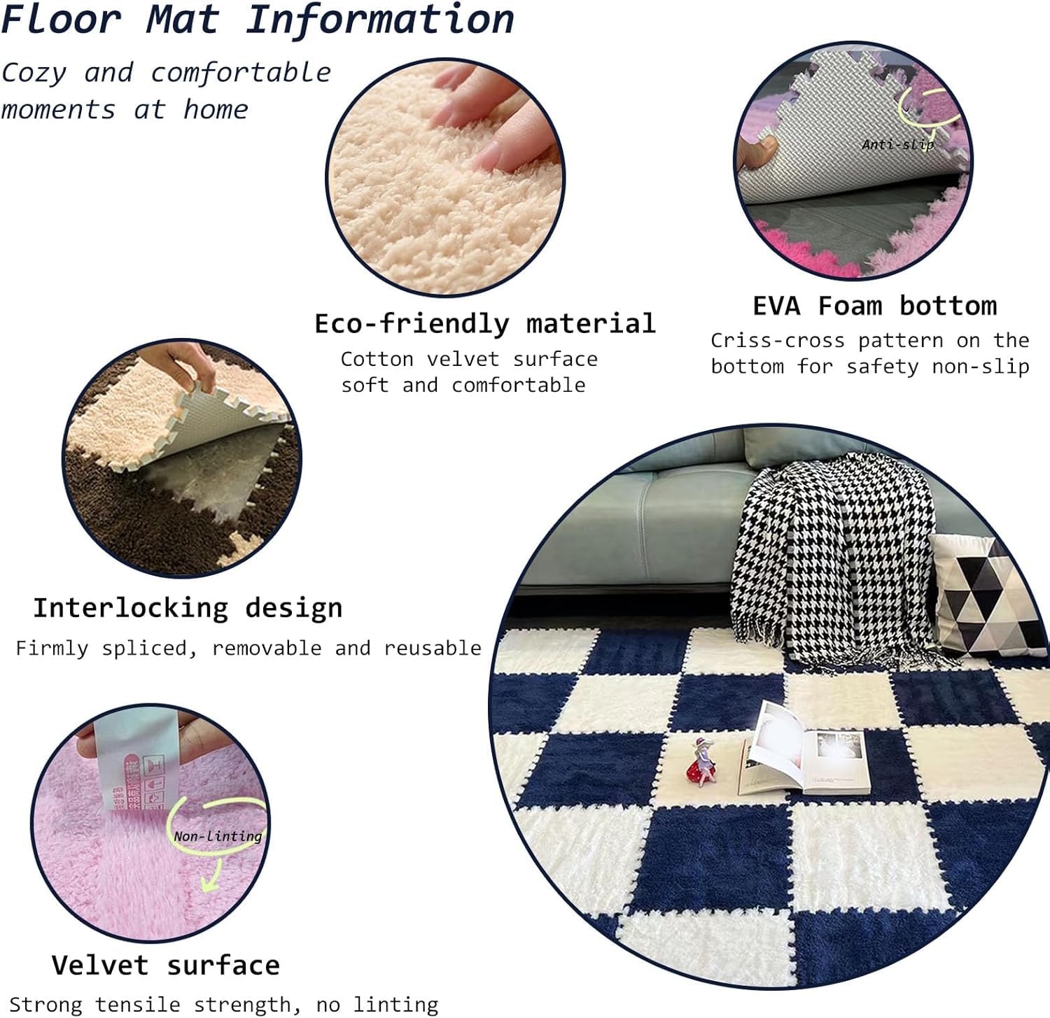 10 Stück Plüsch-Patchwork-Schaumstoff-Bodenmatte, quadratische ineinandergreifende Matten, Puzzle-Schaumstoff-Bodenmatte(White+Gray)